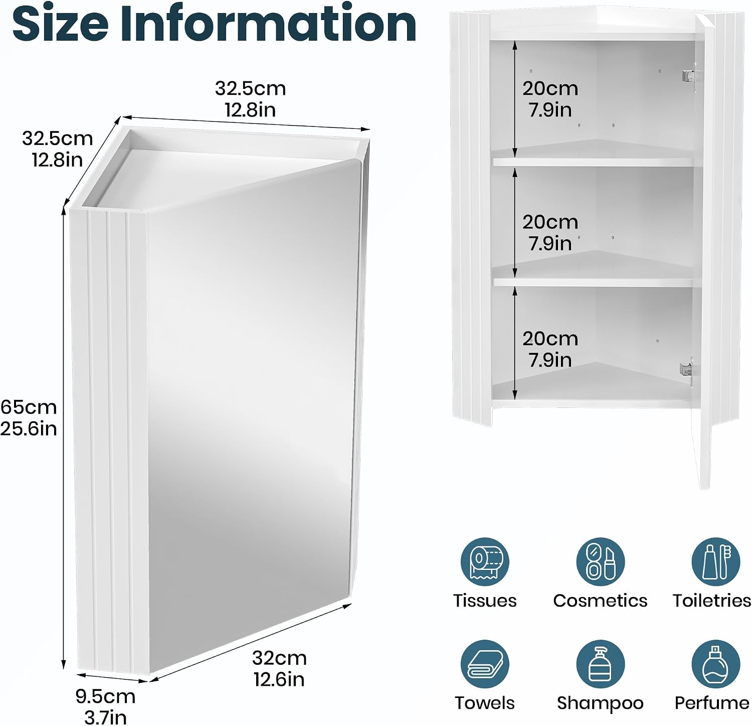 Pamapic Corner Bathroom Mirror Cabinet, Bathroom Cabinet with HD Mirror, Wall Mounted Storage Cupboard with Adjustable Shelves, Storage Unit for Living Room, Bedroom, White