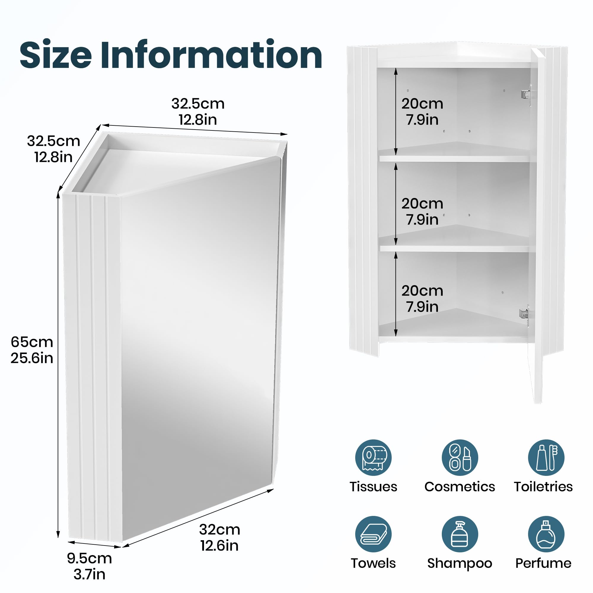 Pamapic Armario de Baño, Gabinete de Esquina de Baño, Armario Espejo para Baño con 3 Niveles, Mueble de Pared con Espejo HD, Armario Baño Pared, Muebles de Baño, 32x32x65 cm, Blanco