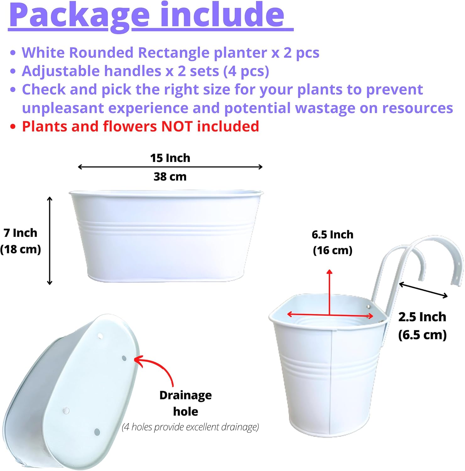 LaLaGreen Outdoor Plants Rail Planter (15 Inch, 2 Pack) White Metal Iron Hanging Flower Pot Deck Railing Fence Bucket Modern Boho Style Wall Mount Window Box Plant Holder Hooks Porch Herb Garden Decor