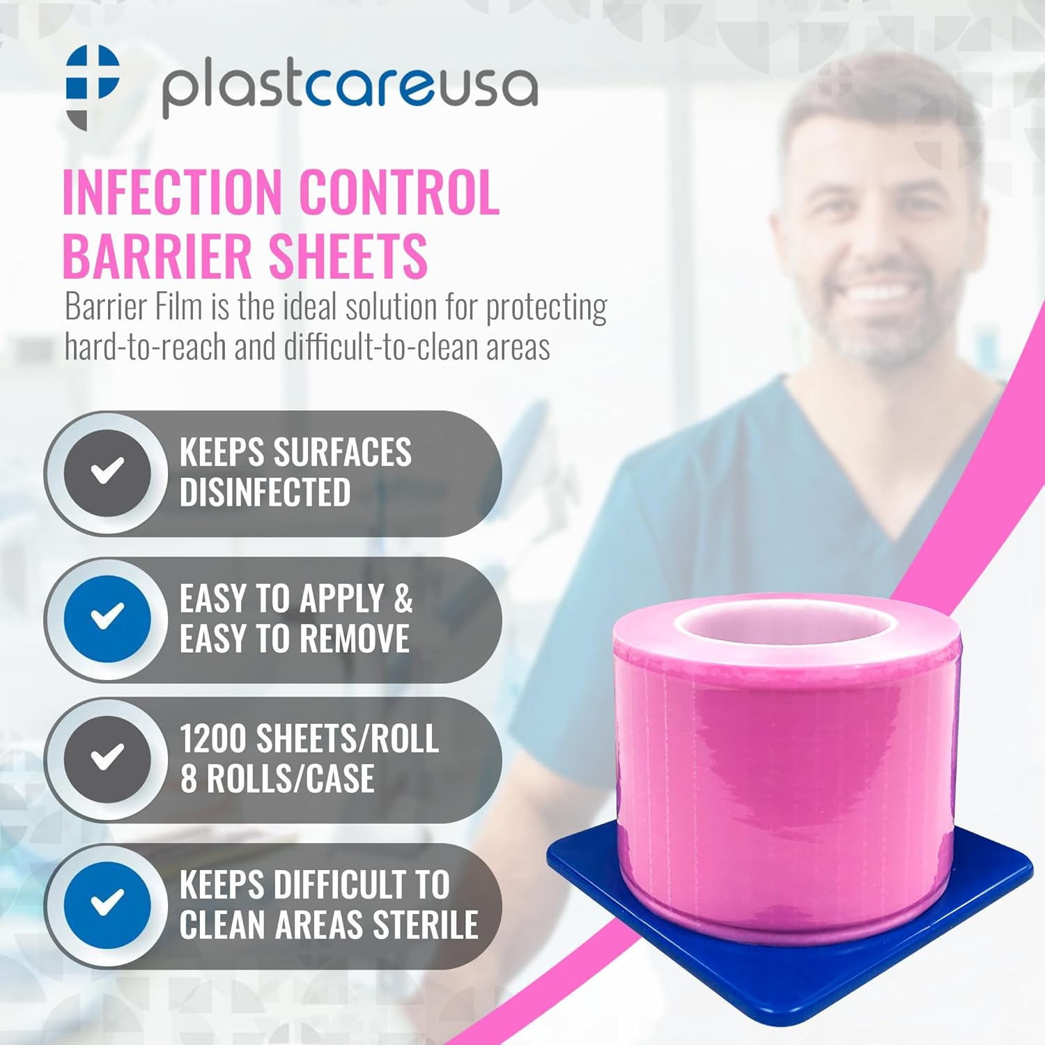 8 Rolls of Pink Barrier Film - 4 Inch x 6 Inch Surface Barrier Sheets for Dental, Medical, Tattoo (1200 Perforated Sheets Per Roll)