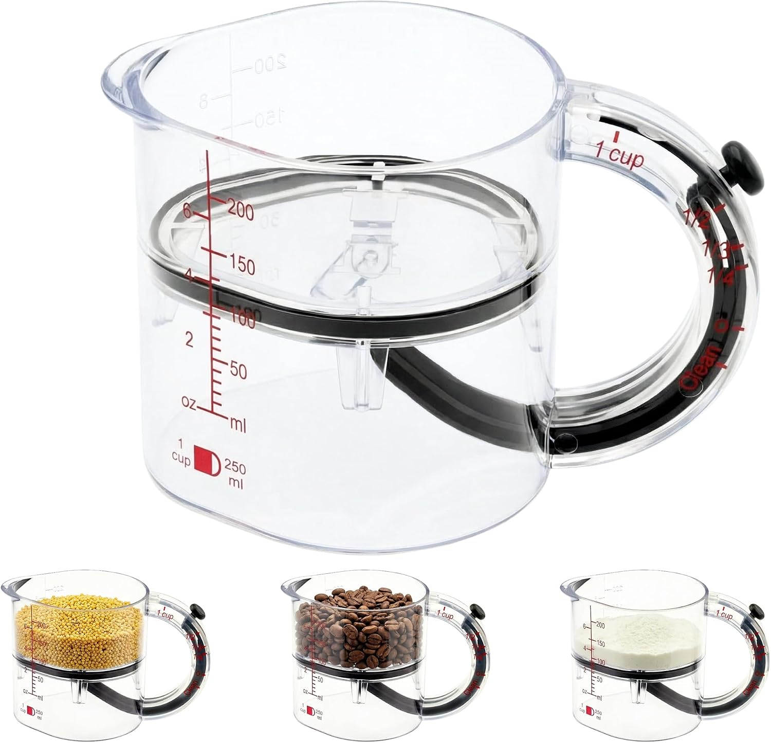 Adjustable 4-in-1 Measuring Cup with ml/oz Dual Scale and Push-Up Scraper Base, Stackable Kitchen Tool for Baking, Cooking and Meal Prep