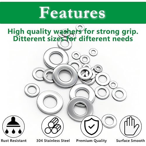 Miniatura 3 de Aienxn Kit de surtido de 550 piezas de arandelas planas, 12 tamaños SAE - 12, 716, 38, 516, 14, 316, 12#, 10#, 8#, 6#, 4#, 2#, (18-8) arandelas de