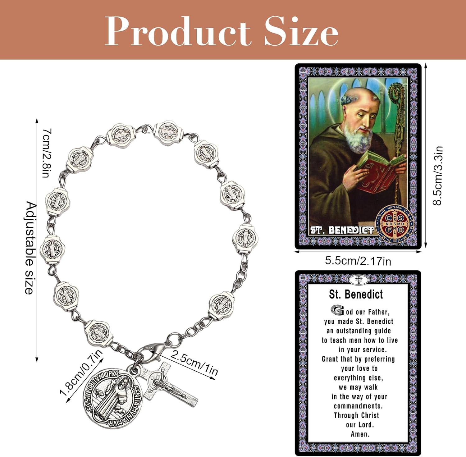 2 Sets St Benedict Bracelets with Saint Benedict Medals and Crucifix,Catholic Rosary Bracelet with Prayer Card for Women Men Gift,Medalla De San Benito Rosary Jewelry - Image 2