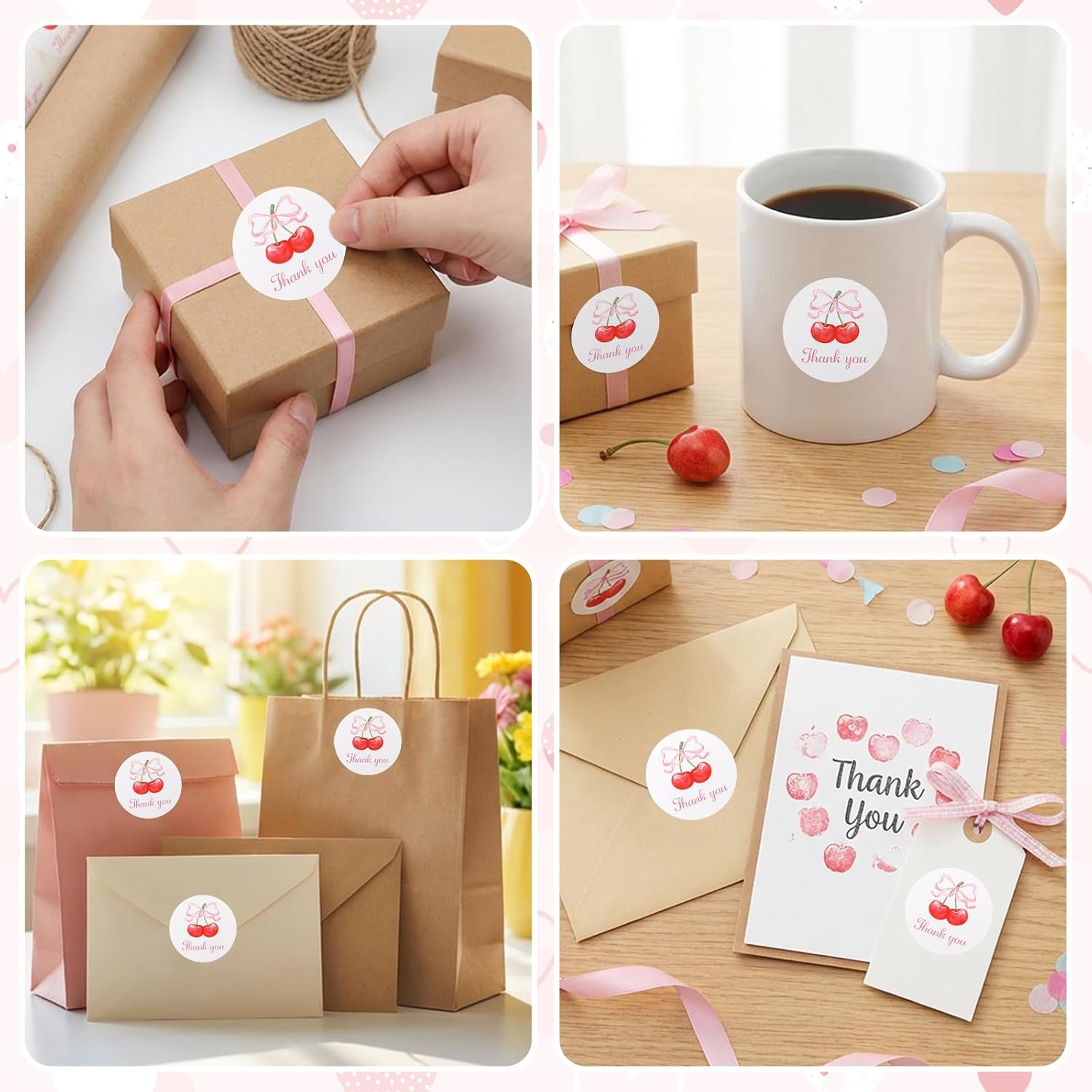 500pcs Pink Thank You Stickers, 1.5 Inch Cherry Bow Cute Thank You Stickers, Self-Adhesive Thank You Stickers for Small Business Packaging Envelopes Wedding Birthday Party Gifts Wrapping (Cherry)