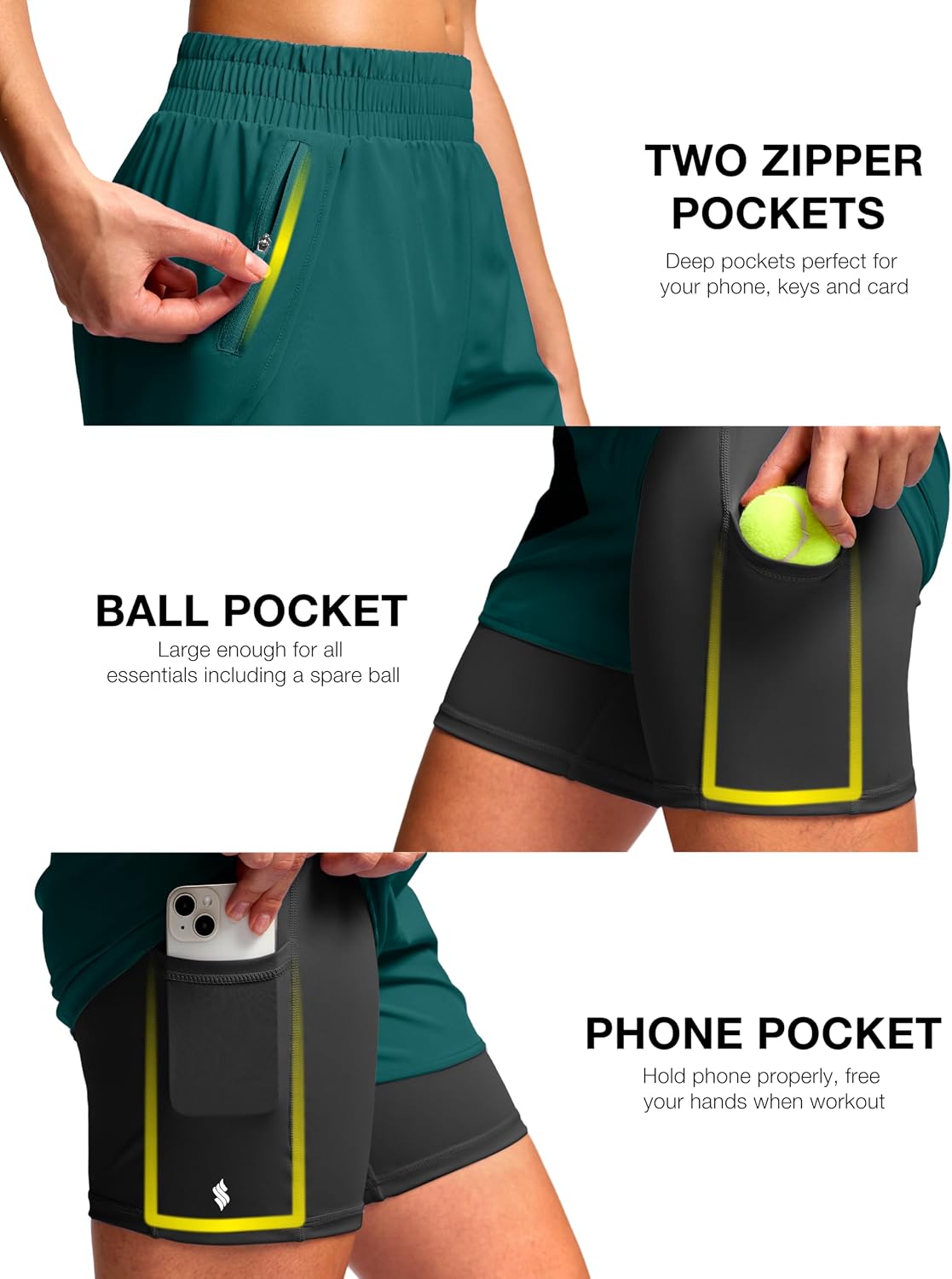 Soothfeel Women's 2 in 1 Athletic Running Shorts with Liner Zipper Pocket 5" High Waisted Gym Workout Tennis Shorts for Women