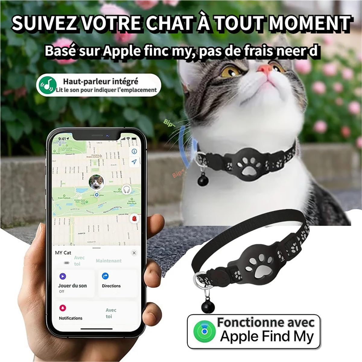 2026 Nouveau Collier GPS Chat, Traceur GPS Chat Tracker, sans Carte SIM, sans Abonnement Mensuel, Localisation Temps Réel, Imperméable et Durable (Noir)