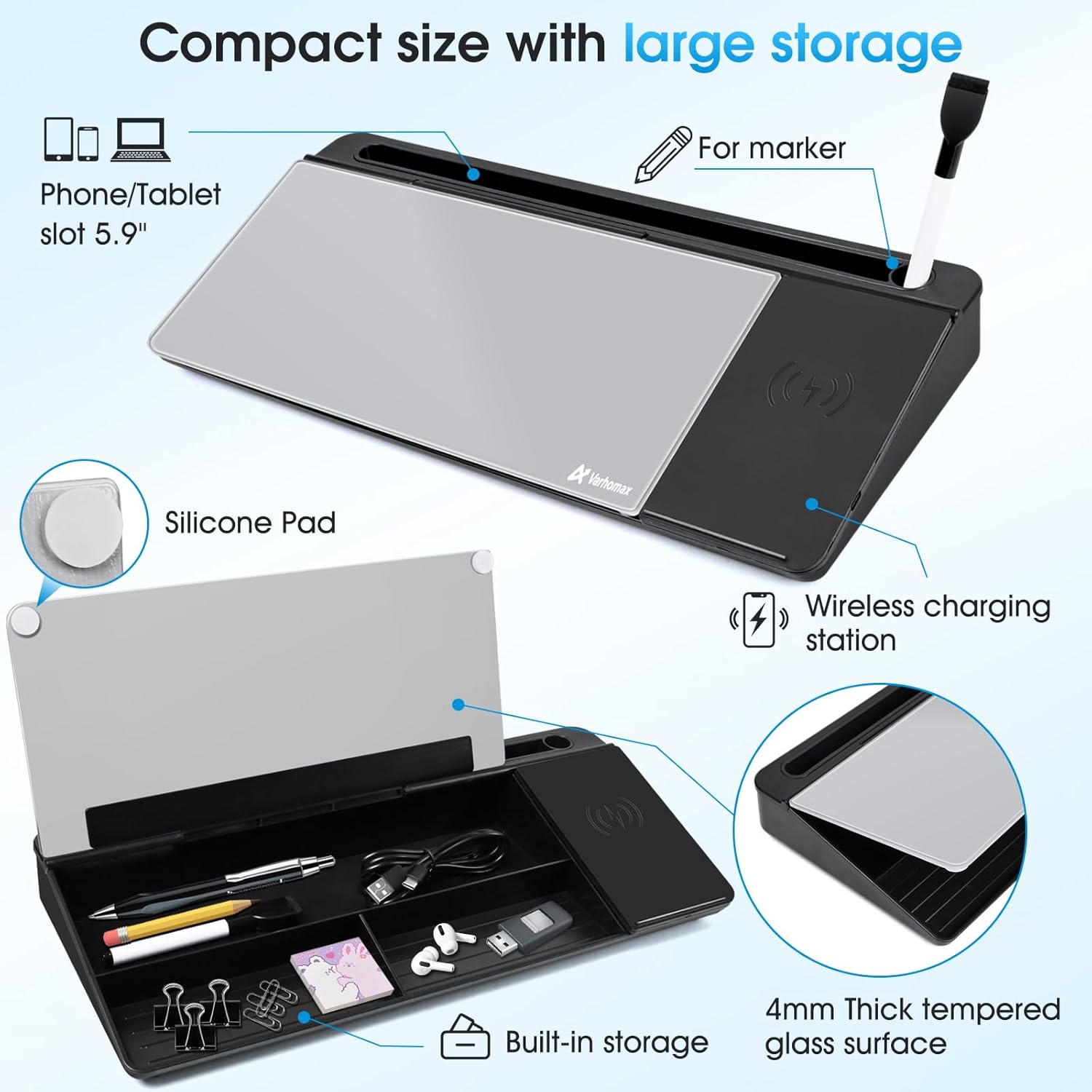 Varhomax Glass Desk Whiteboard with Wireless Charger, Desktop Organizer Dry Erase White Board with Storage, to Do List Memo Notepad for Home and Office Supplies (Black & Gray) Wireless Charger-black & Gray image 6 of 7 B0CXXTLVN5