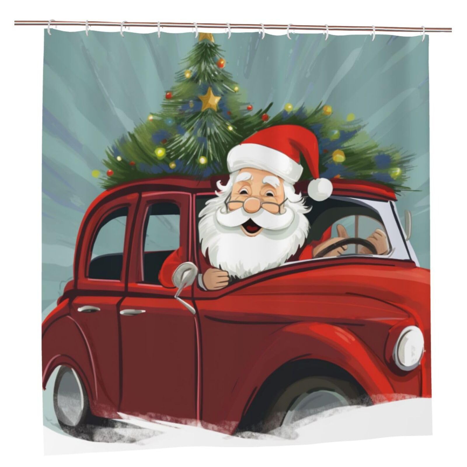 BWWHCCTI santa in a car Printed Shower Curtain With 12 Plastic Hooks Opaque Quick Drying Waterproof Shower Curtains Sets For Bathroom 183x183 CM