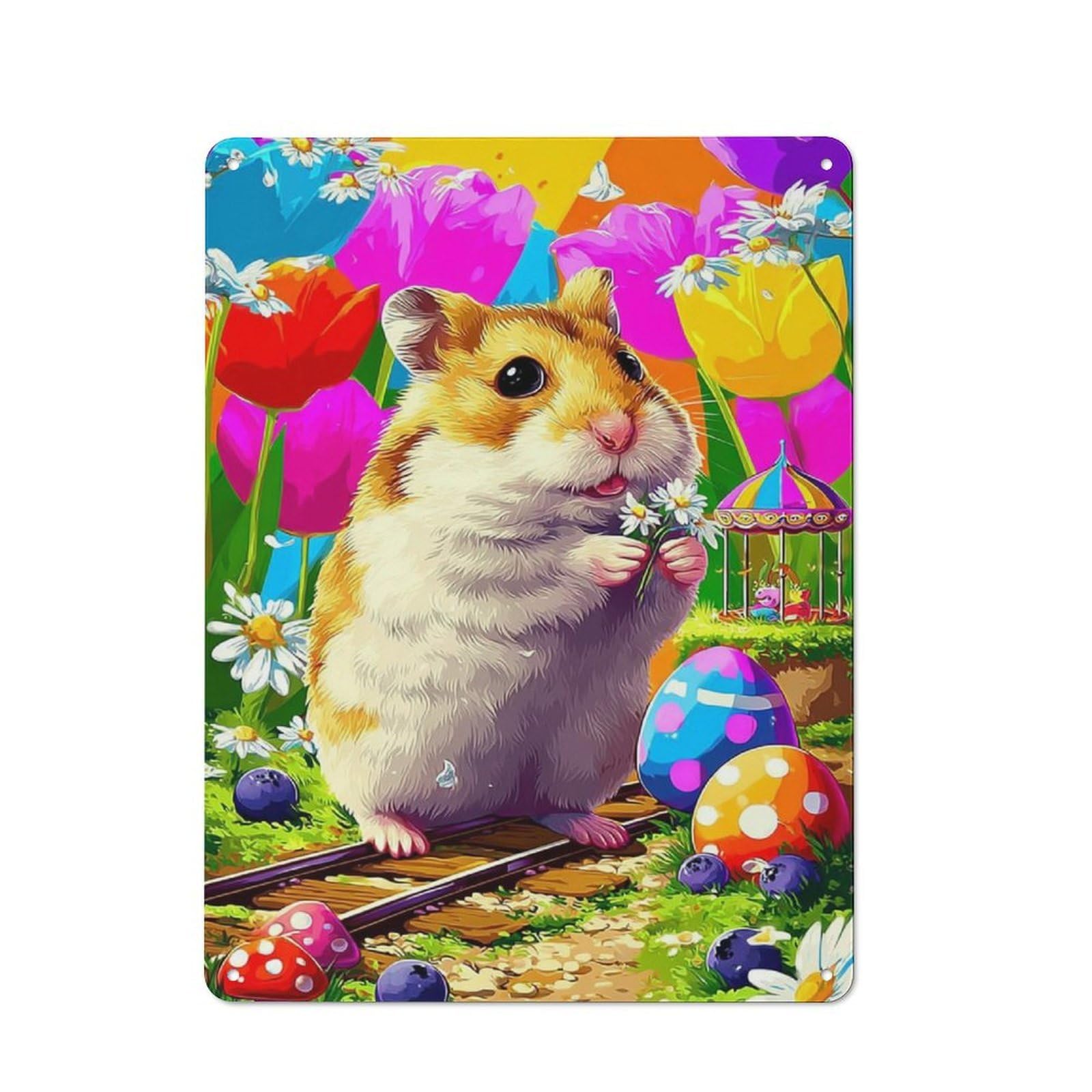 Junmoney Hamster In A Colorful Garden Metal Sign 40X30cm, Vintage Bar Wall Plaque For Diner, Restaurant, Shed Or Kitchen