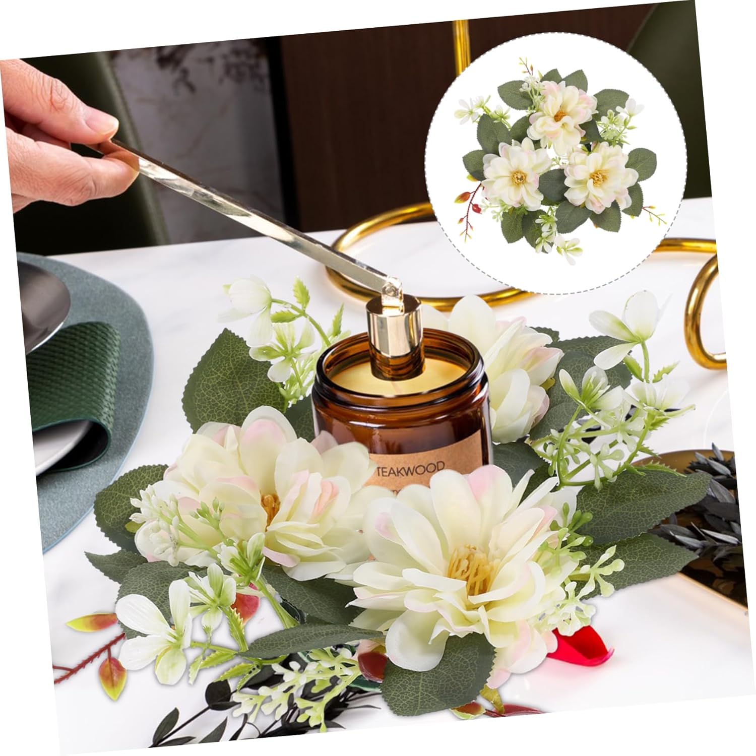 ORFOFE Floral Candle Ring Simulated Wreath for Pillar Candles Wedding Party Decoration Home Table Centerpiece Spring Decor 9.06X9.06X3.14 Inches