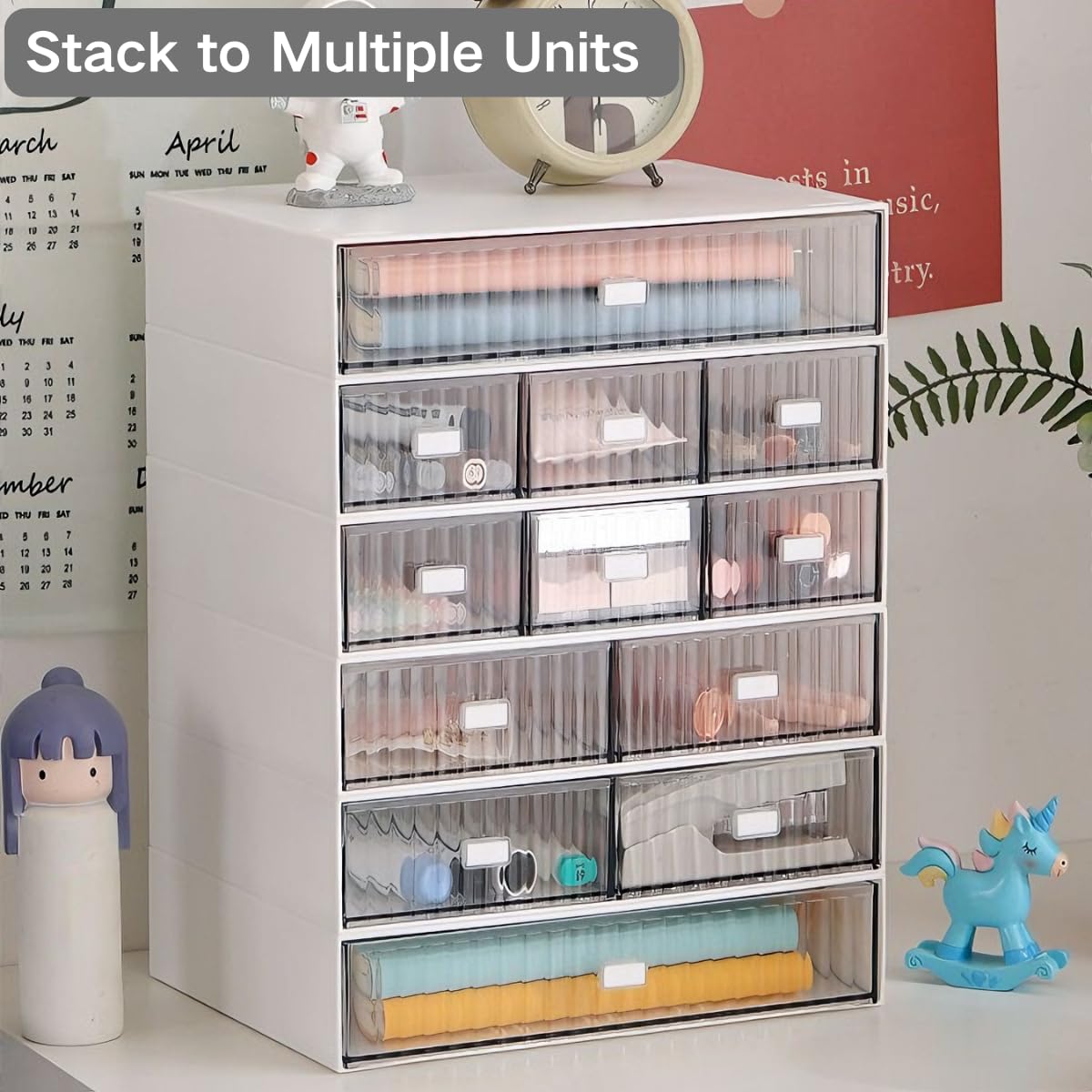 Hacaroa 3 Stufiger Mini Schreibtisch Organizer mit 6 Schubladen, Kunststoff Desktop Schubladen Aufbewahrungsbox, Stapelbare Make-up Organizer für Büro, Schule, Badezimmer, Abnehmbares Design, Weiß