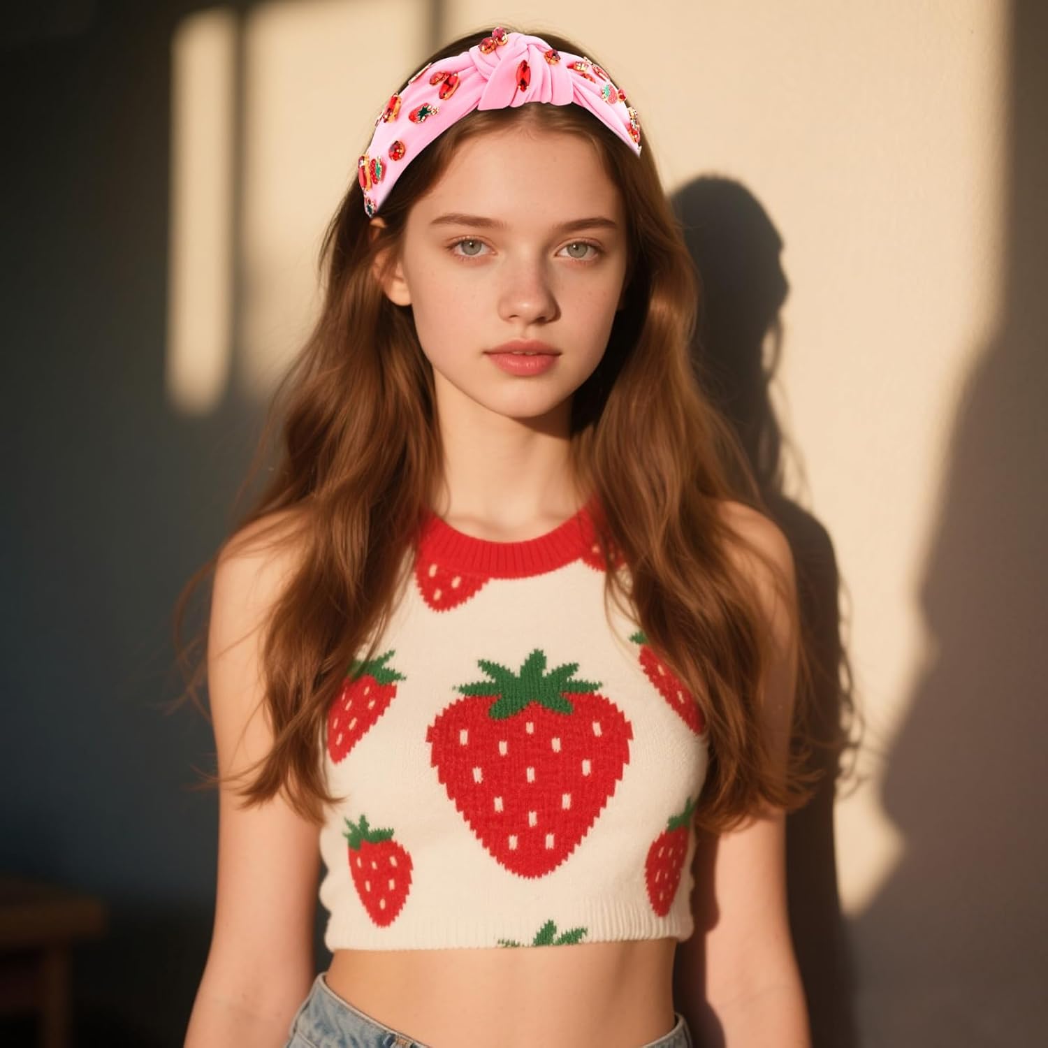 Pink Strawberry Rhinestone Jeweled Knotted Headbands for Women Girls, Fashion Cute Fruit Hair Accessories Gift for Girls - Image 5