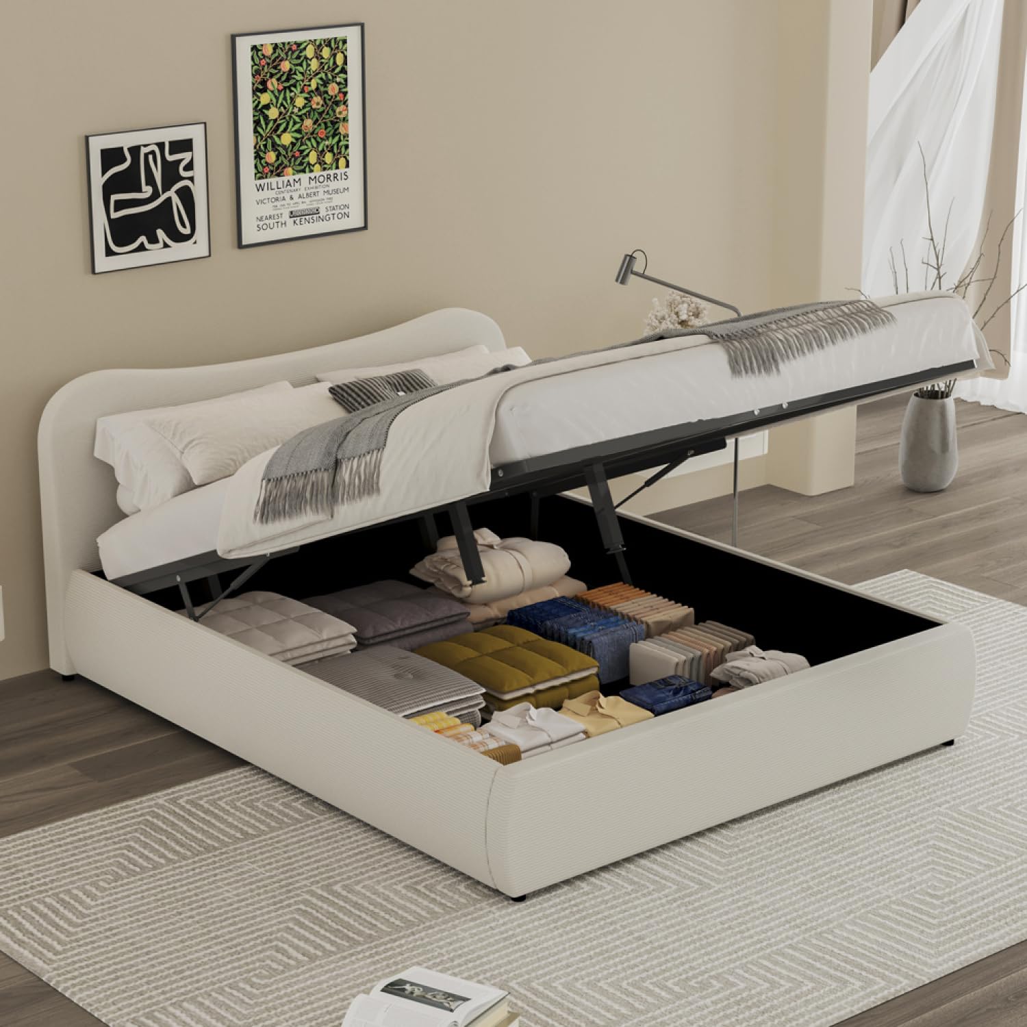 Lit Coffre PLANO 160x200 cm Velours Côtelé Beige Silhouette Arrondie