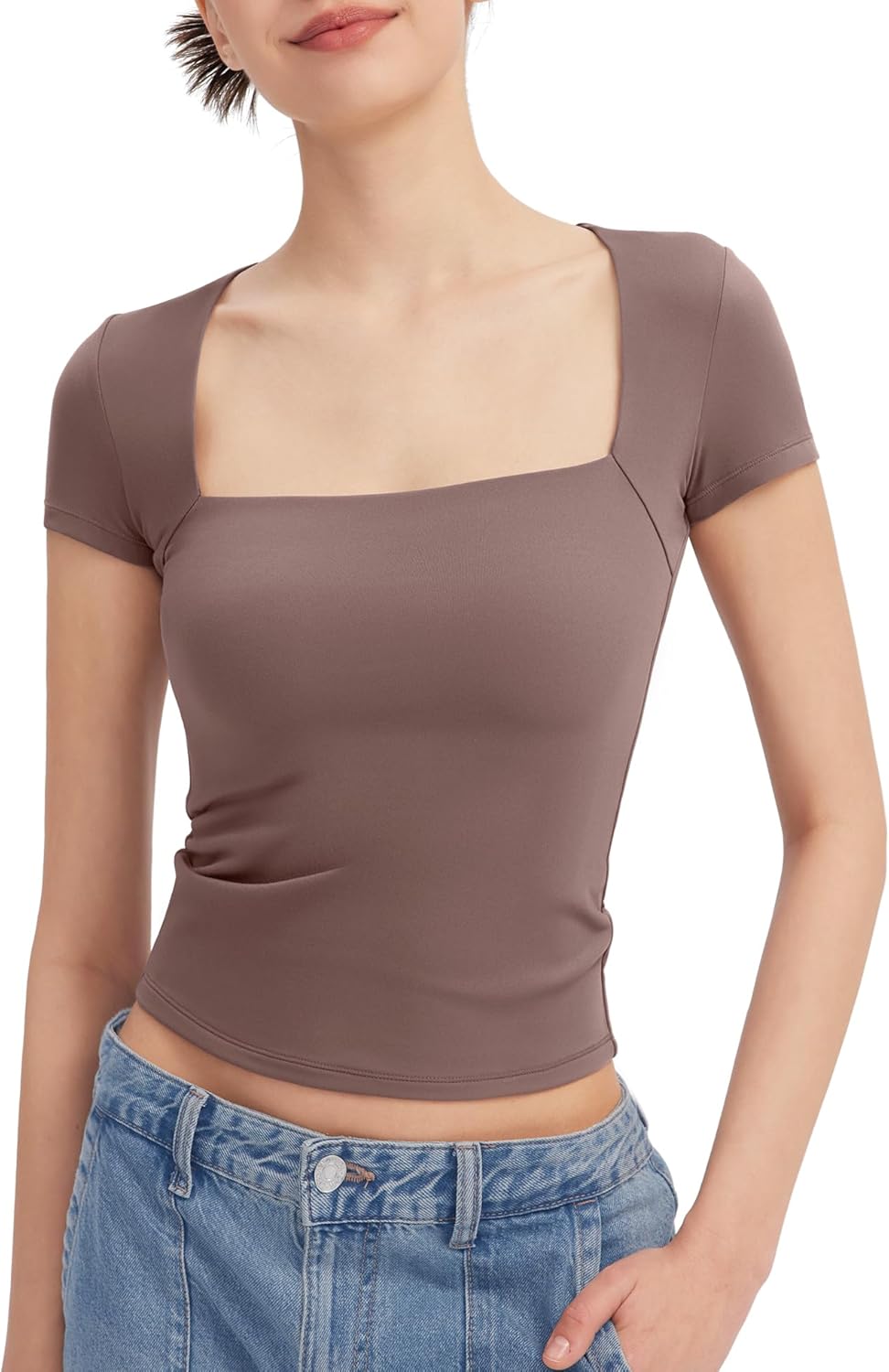 PUMIEY Women's Short Sleeve T Shirts Square Neck Going Out Tops Slim Fit Basic Tee Smoke Cloud Pro Collection