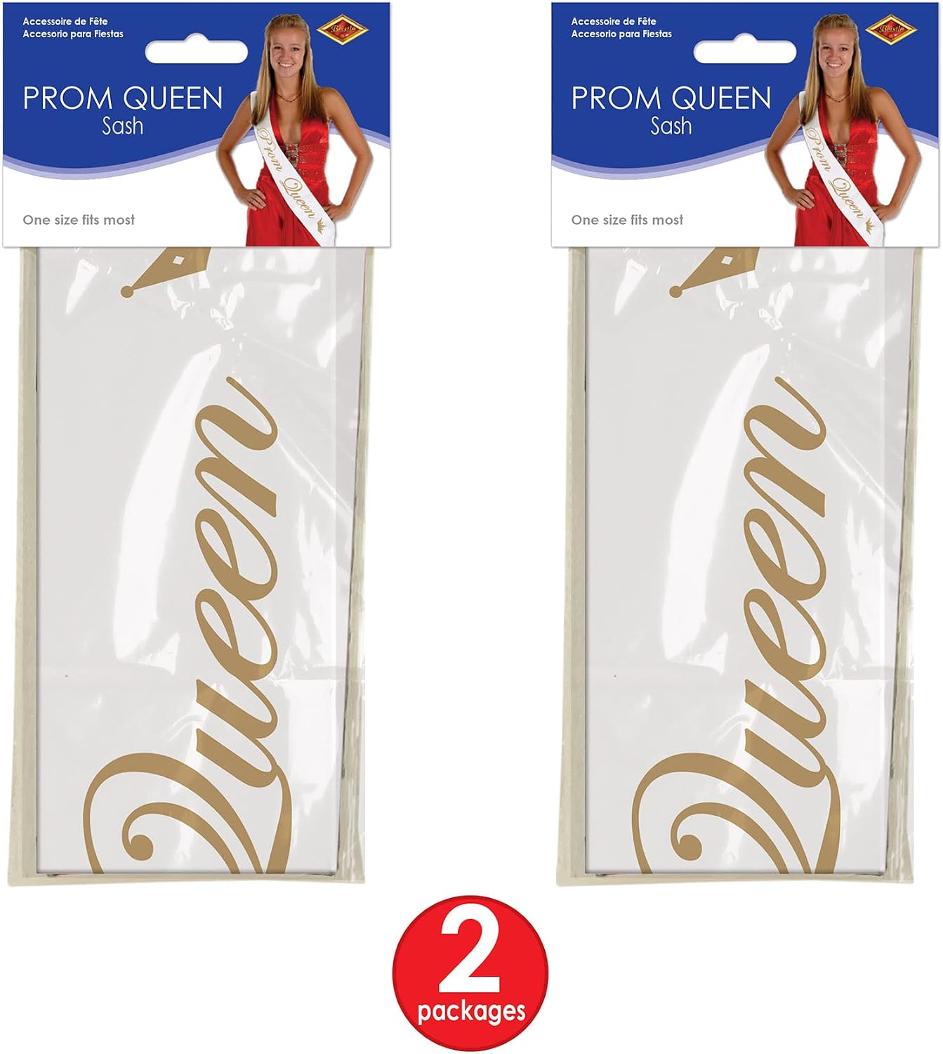 Beistle 2-Piece Prom Queen Satin Sash in White/Gold, Prom Night Party Accessories, High School Dance Halloween Costume Accessories, 4" x 33"
