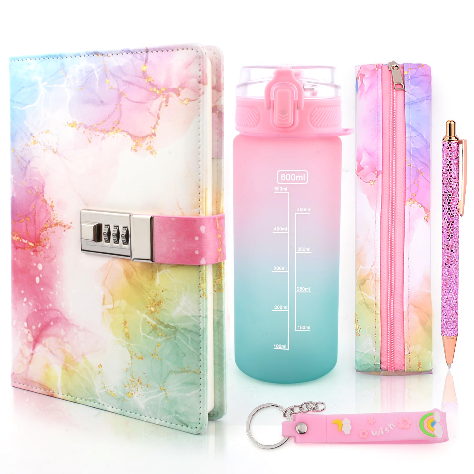 Diario Segreto Bambina, Borraccia Bambina,Regalo Ragazze 7 8 9 10 11 12 13 14 Anni, Diario con Lucchetto per Ragazze,Pasqua Compleanno Regali per Ragazze Cancelleria Quaderno Penna Astuccio per Matite
