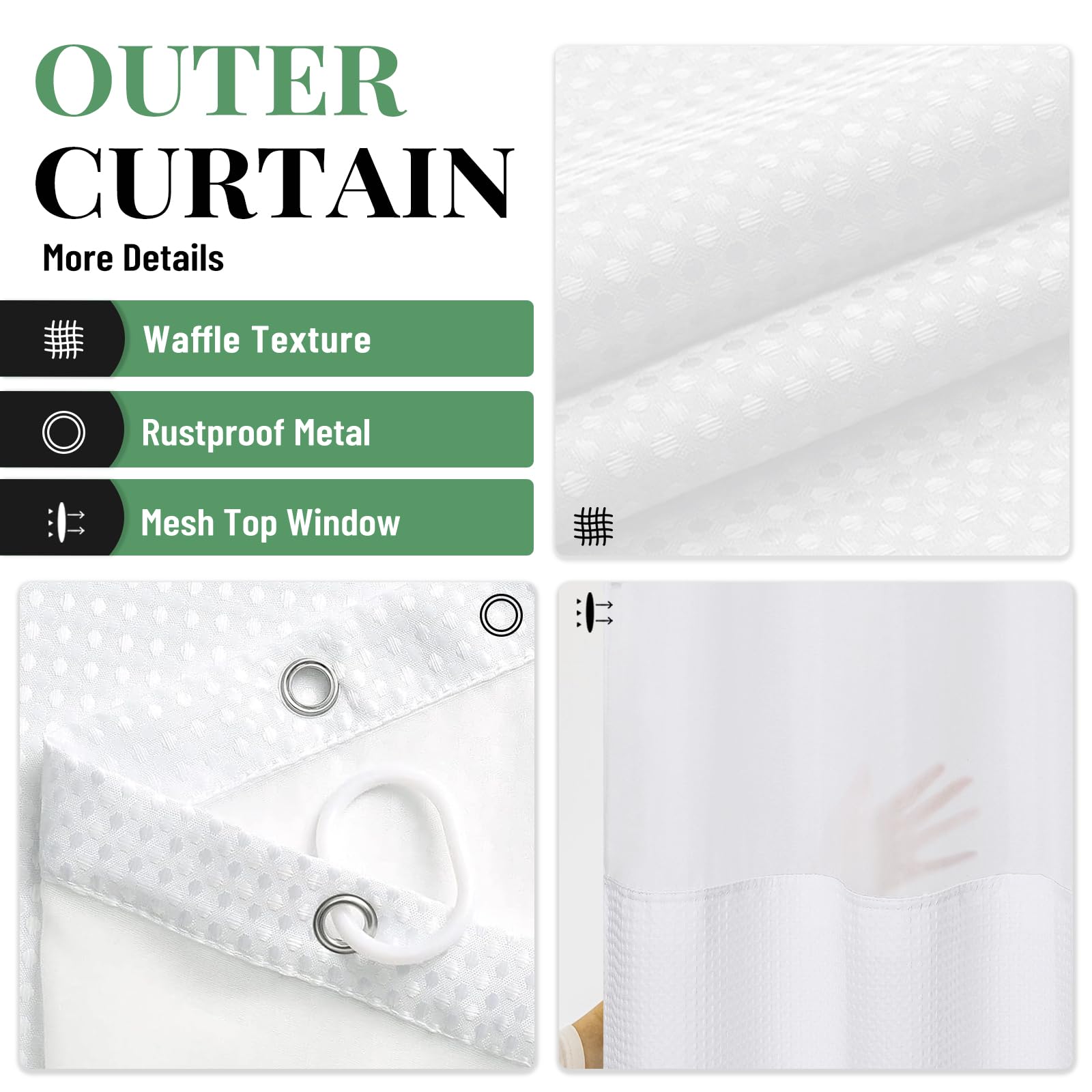 Dynamene Cortina de ducha de 78 pulgadas de largo, cortinas de ducha altas de tela gofre para baño, juego de cortina de ducha de tela impermeable con ganchos, forro a presión, ventana superior de