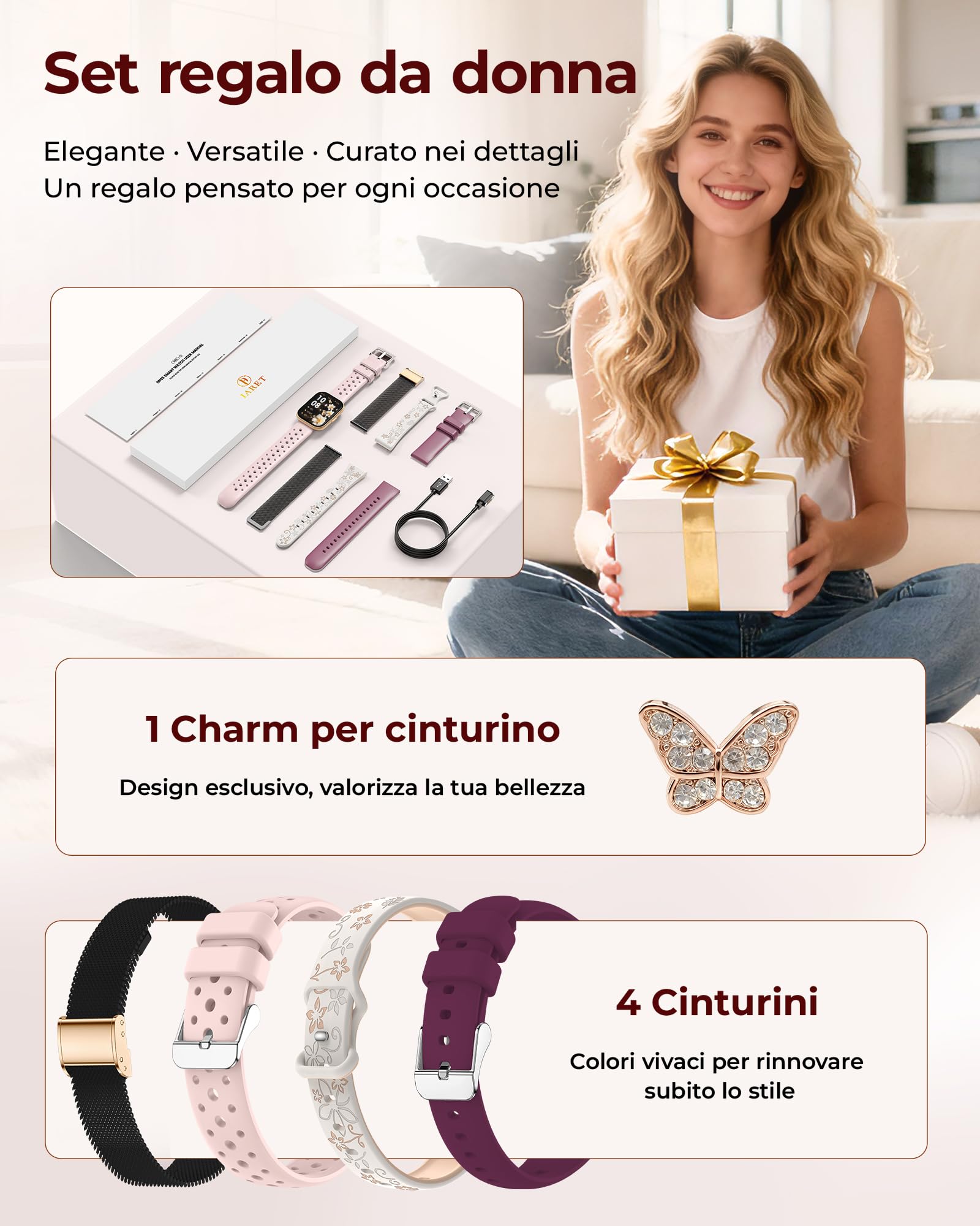 Iaret Smartwatch Donna, Regalo con 4 Cinturini e Charm, Orologio con Display HD da 1,75", Chiamate Bluetooth, Monitor Frequenza Cardiaca SpO2 Sonno, 120+ Modalità Sport, Compatibile con Android iPhone
