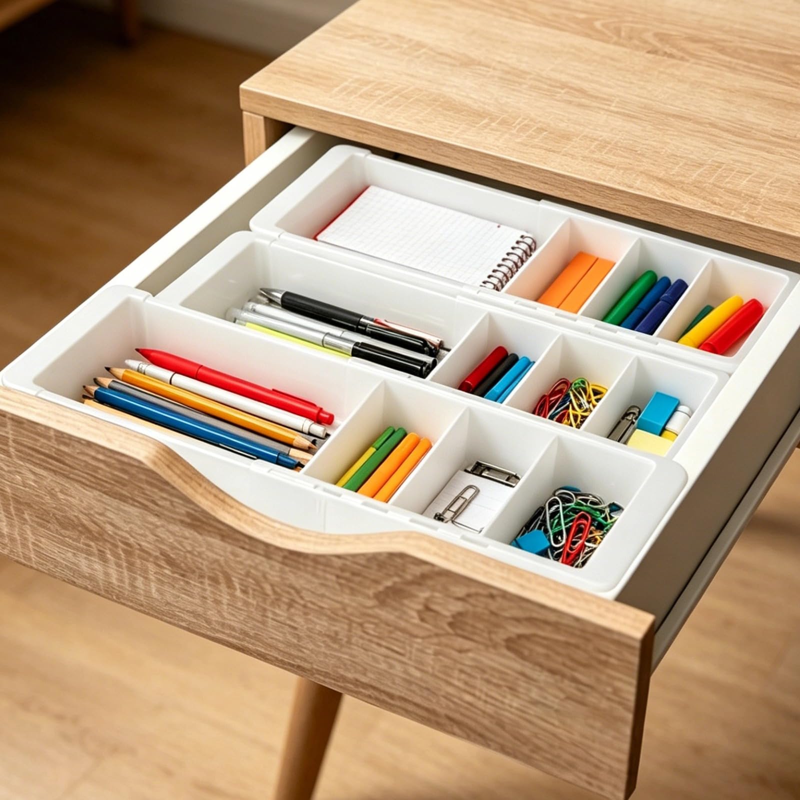 Set di 3 organizer estensibili per cassetti, in plastica bianca, con scomparti divisi, regolabili da 29 cm a 46 cm, per scrivania da ufficio, cucina, bagno, comò