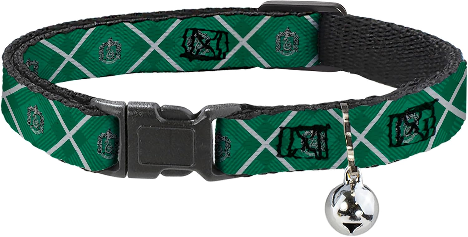 Harry Potter Breakaway Cat Collar | Harry Potter Slytherin Crest Plaid Greens Gray Durable Adjustable Bell ID Tag Ring