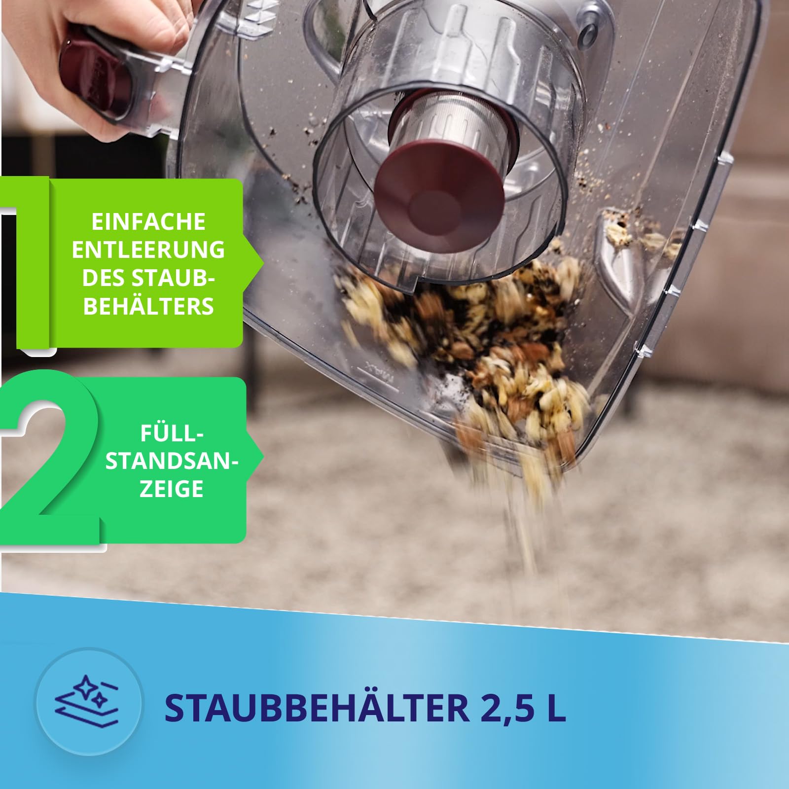 MPM Odkurzacz bezworkowy – pojemnik 2,5 l – filtr HEPA – z nasadkami/akcesoriami i uchwytem teleskopowym – 850 W