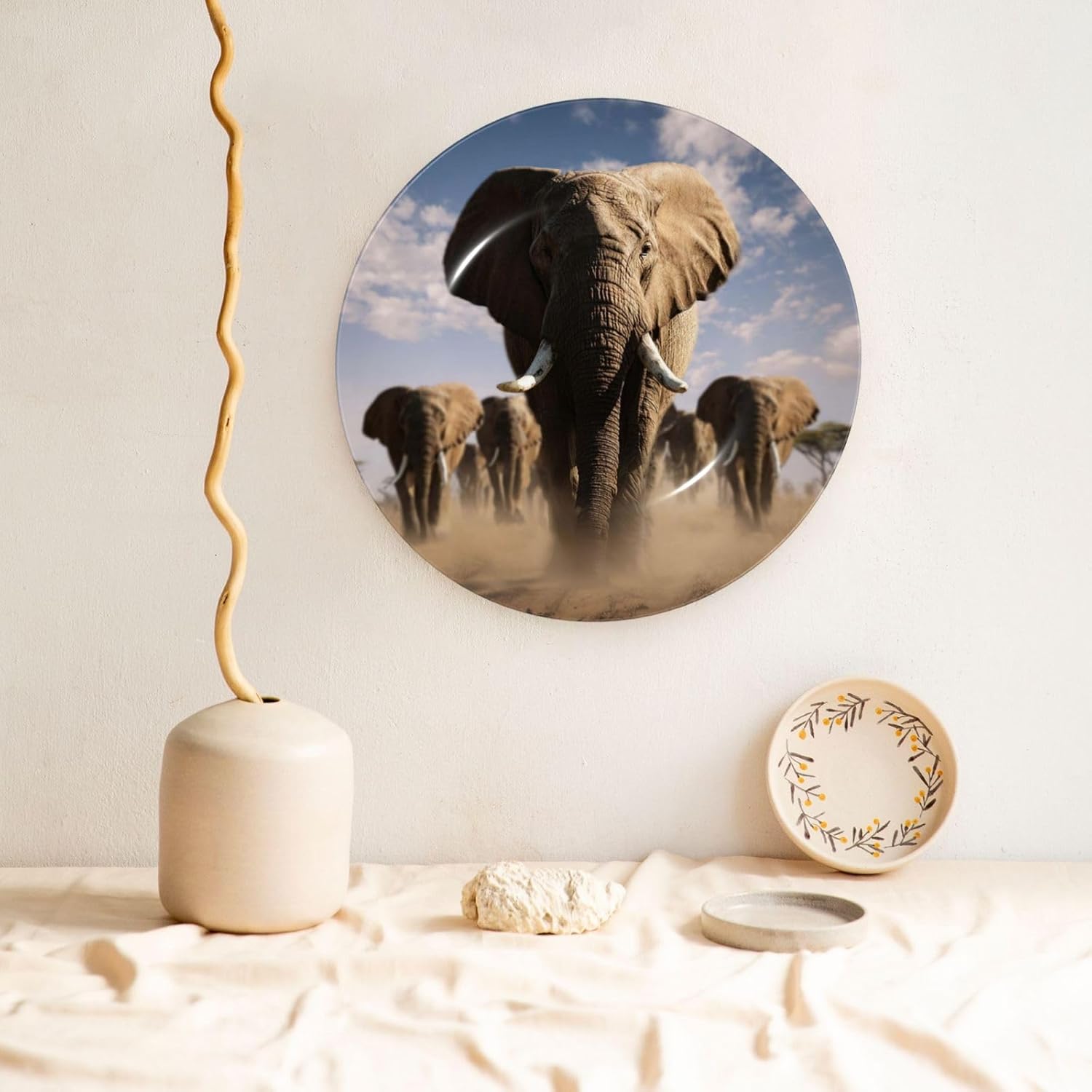 Decorative Plate 10in Bone China Dessert Plates with Display Stand Ceramic Ornament Ceramic Ferocious Elephant Decorative Plates Art Crafts Porcelain Plate for Home Club Living Room