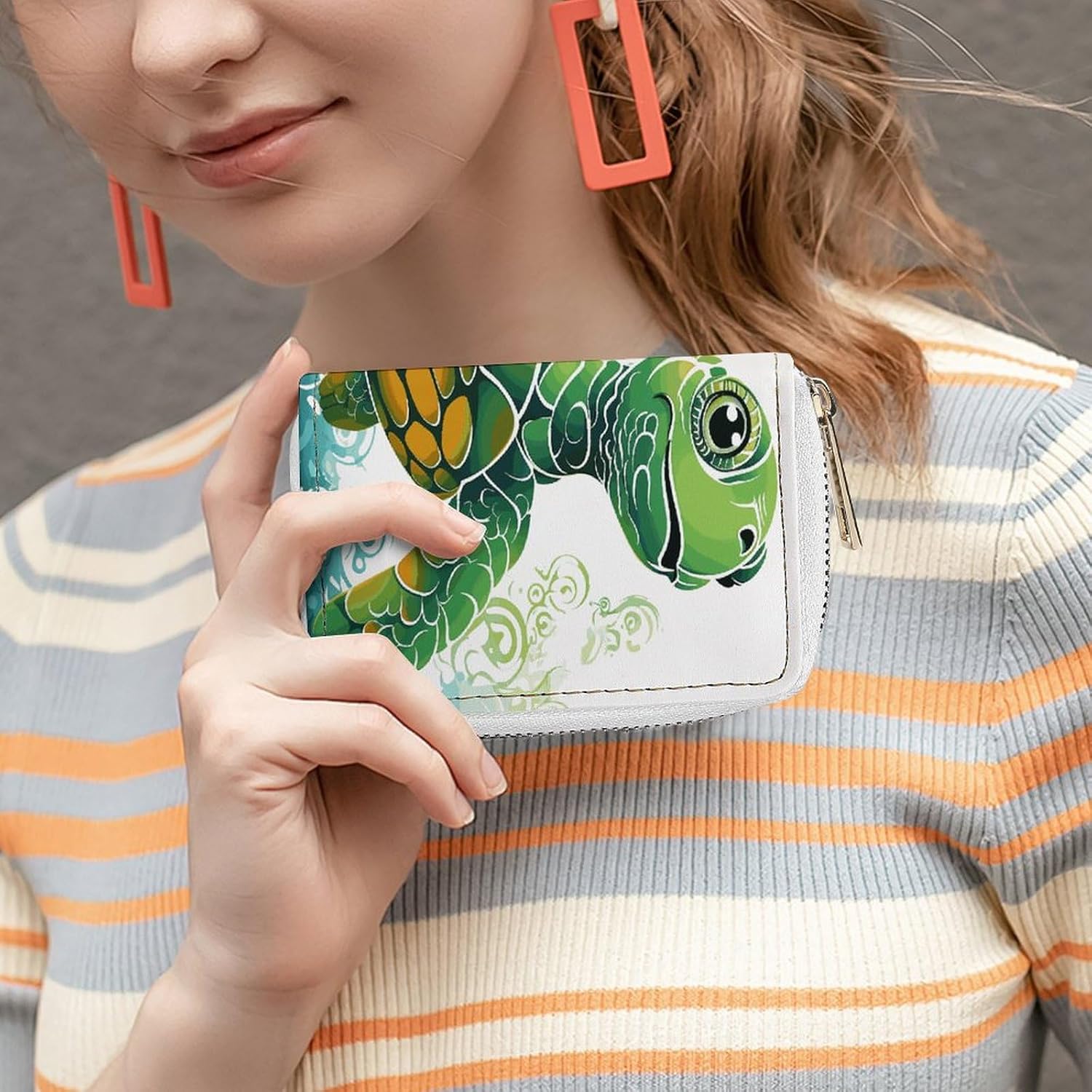Leather Card Organizer Case Card Wallet Credit Card Holder Cartoon Turtle Pattern Printed Zipper Card Cases Holder for Women Men