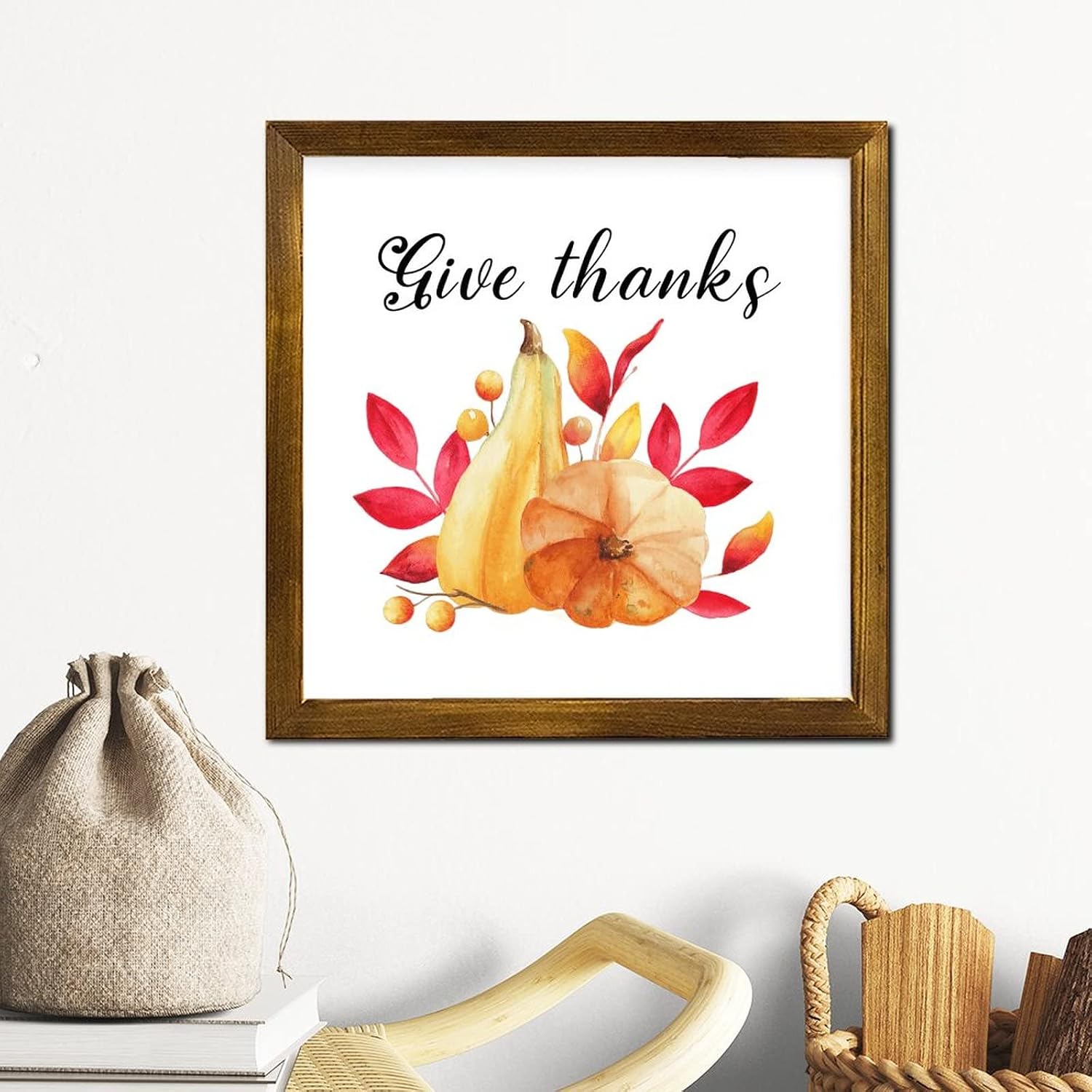 Give Thanks Wooden Framed Signs Fall Pumpkin Maple Leaves Wooden Wall Sign Farmhouse Farm Harvest Hanging Wall Signs Decorative for Home Restroom Bathroom Toilet Kitchen 12x12 inch