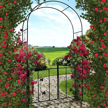 Elegant Garden Arch with Gate, Garden Arbor Trellis Arbour Archway for Climbing Plants Roses Vines Support Rack,Outdoor Lawn Backyard Patio Wedding Party Ceremony Decoration