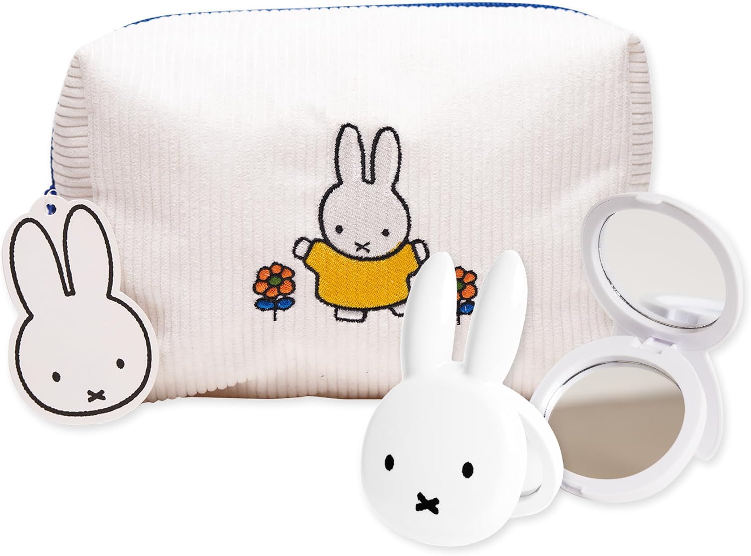 The Crème Shop Miffy Travel Beauty Set - Compact Mirror & Makeup Bag Bundle, 2X Magnification Mirror with Spacious Cosmetic Organizer, Limited Edition Miffy Design