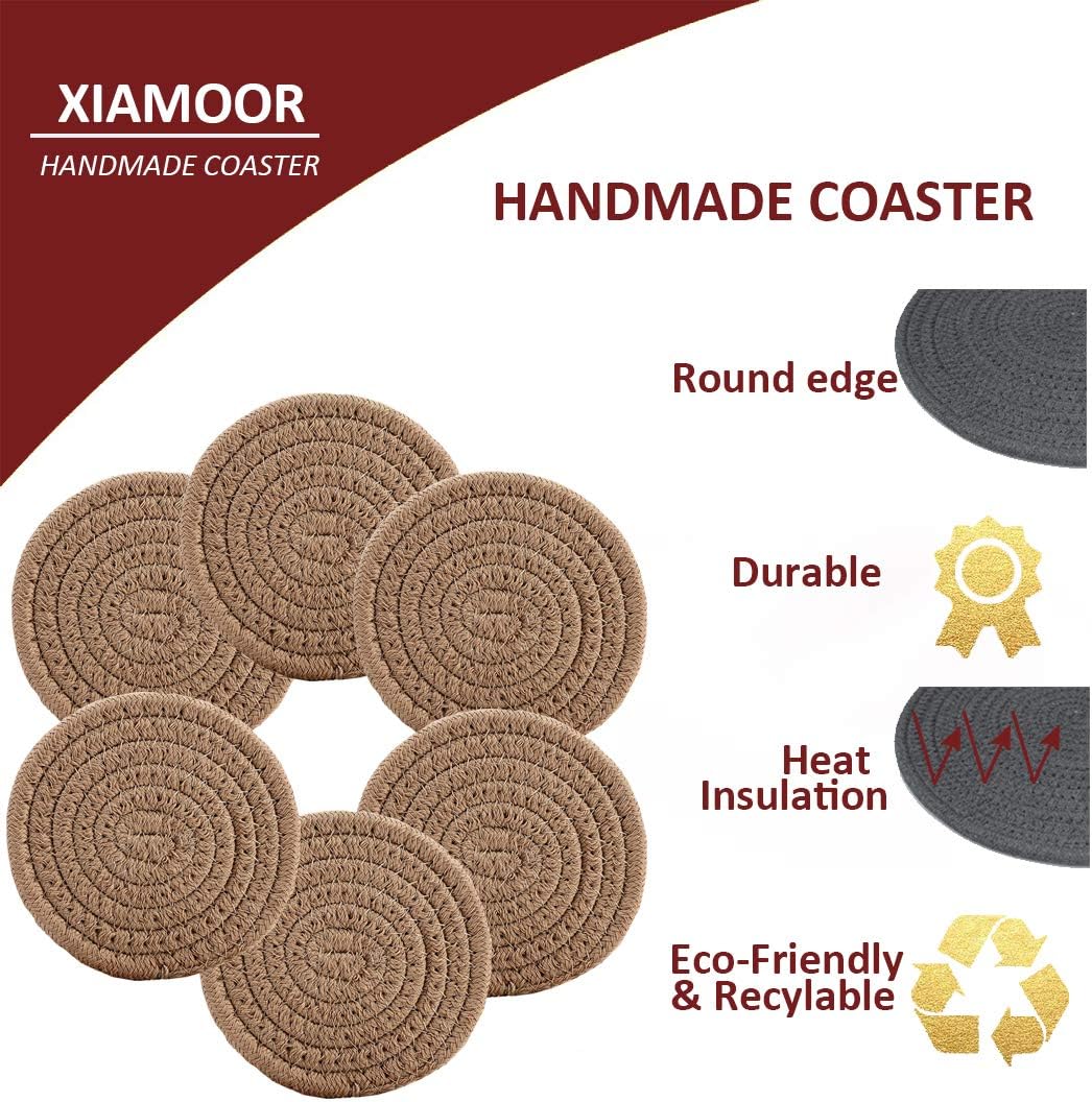 Absorbent Drink Coasters Handmade Braided Drink Coasters 6 Pack (4.3 Inch, Round, 8mm Thick) Super Absorbent Heat-Resistant Coasters for Drinks Great Housewarming Gift (Jute, 6 Pack) thumbnail