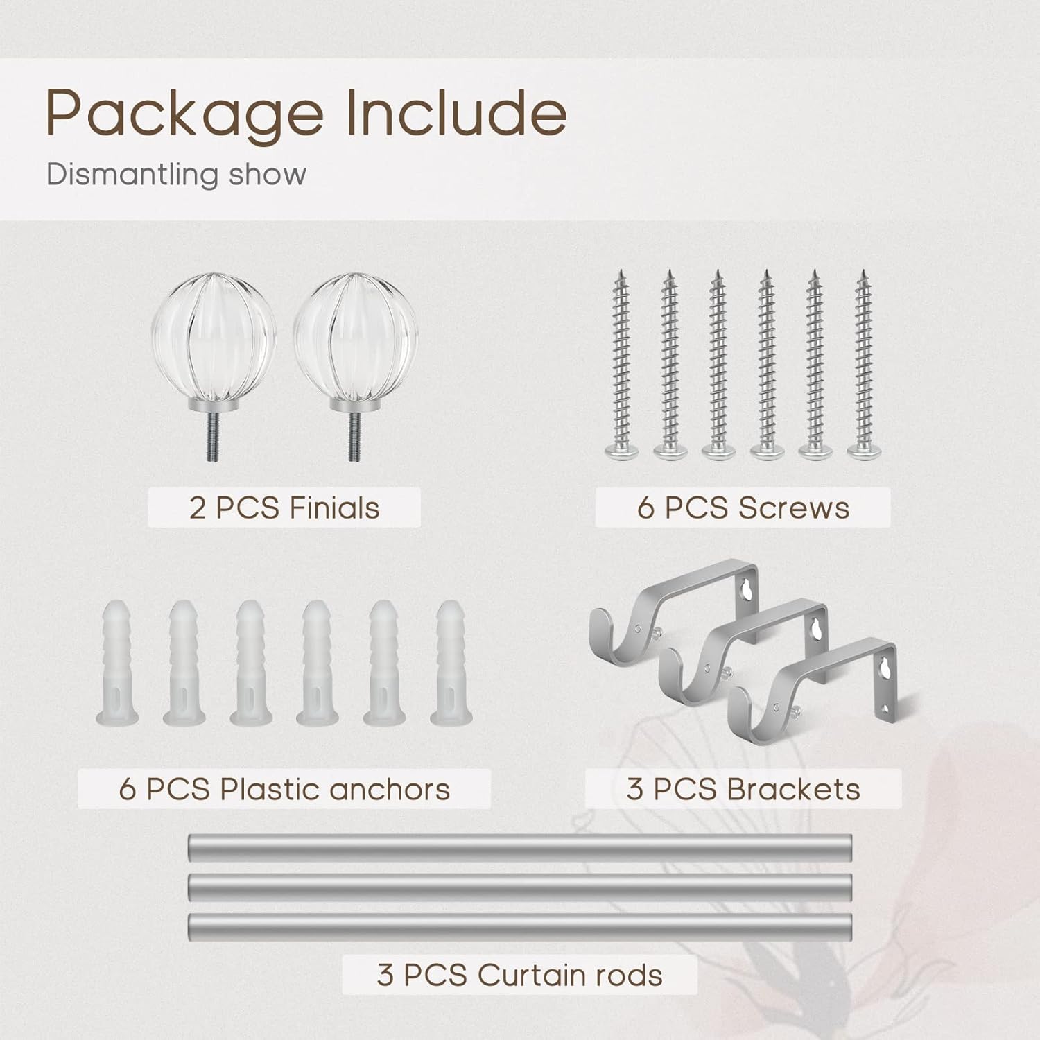 3/4 inch Single Window Curtain Rod with Crystal Acrylic Finial,66-120 inch,Matte Silver