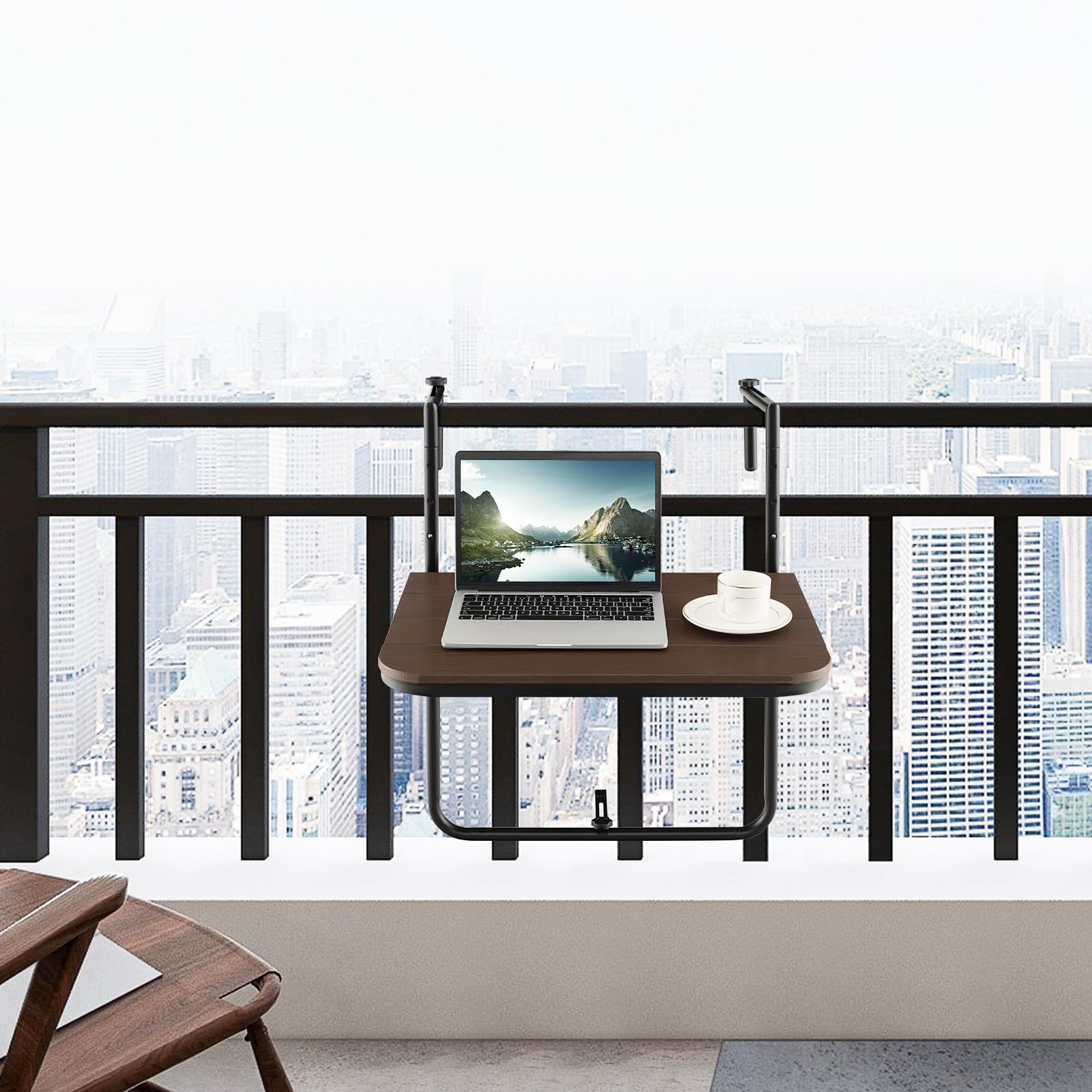 GOPLUS Table de Balcon Suspendue Pliable, Réglable Hauteur, Résistante aux Intempéries, Table Suspendue de Balcon jusqu'à 30 kg, 60×62,5×84 cm (Café)