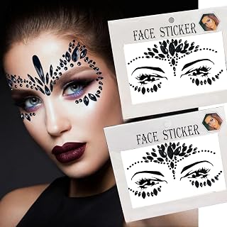 Autocollant Visage Festival, Halloween Strass Autocollant Auto-adhésifs, Tatouages Temporaires Paillettes, Pierres Scintillantes Visage Festival, pour Halloween Carnaval Cosplay Party (Noir)
