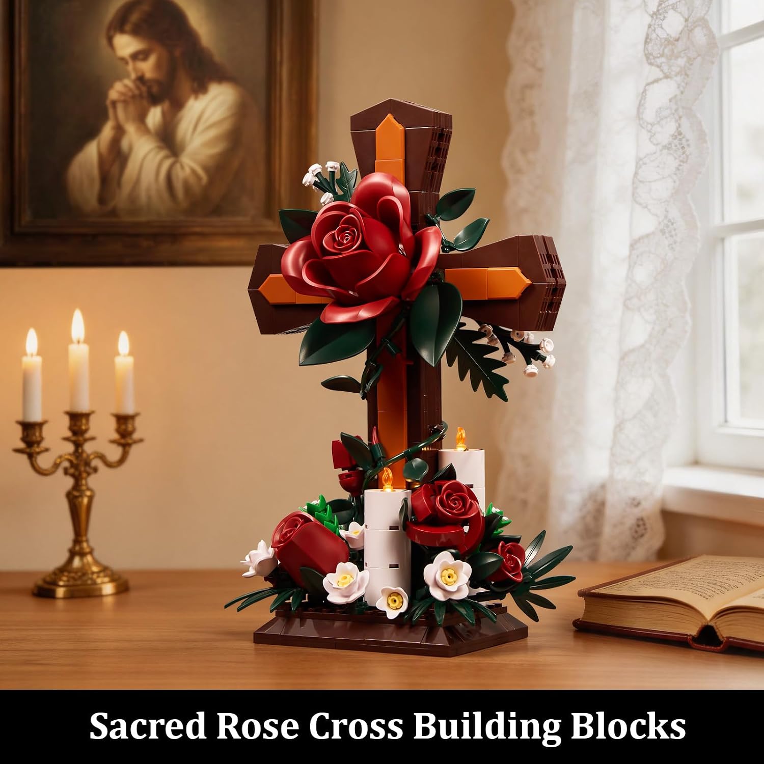 Christian Cross Building Set, Jesus Compatible with Lego Flowers with Red Rose & Candle, Botanicals Religious Faith Decor Ornament, Religious Gift for Women, Vintage Home Fireplace Table (554PCS) image 2