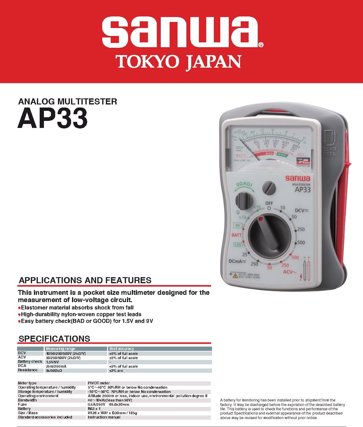 Sanwa 500V 250mA Small Pocket Size Analog Multimeters Pointer Multimeter Japan quanlity SANWA AP33 Analog Pocketable Multitesters Thin Type