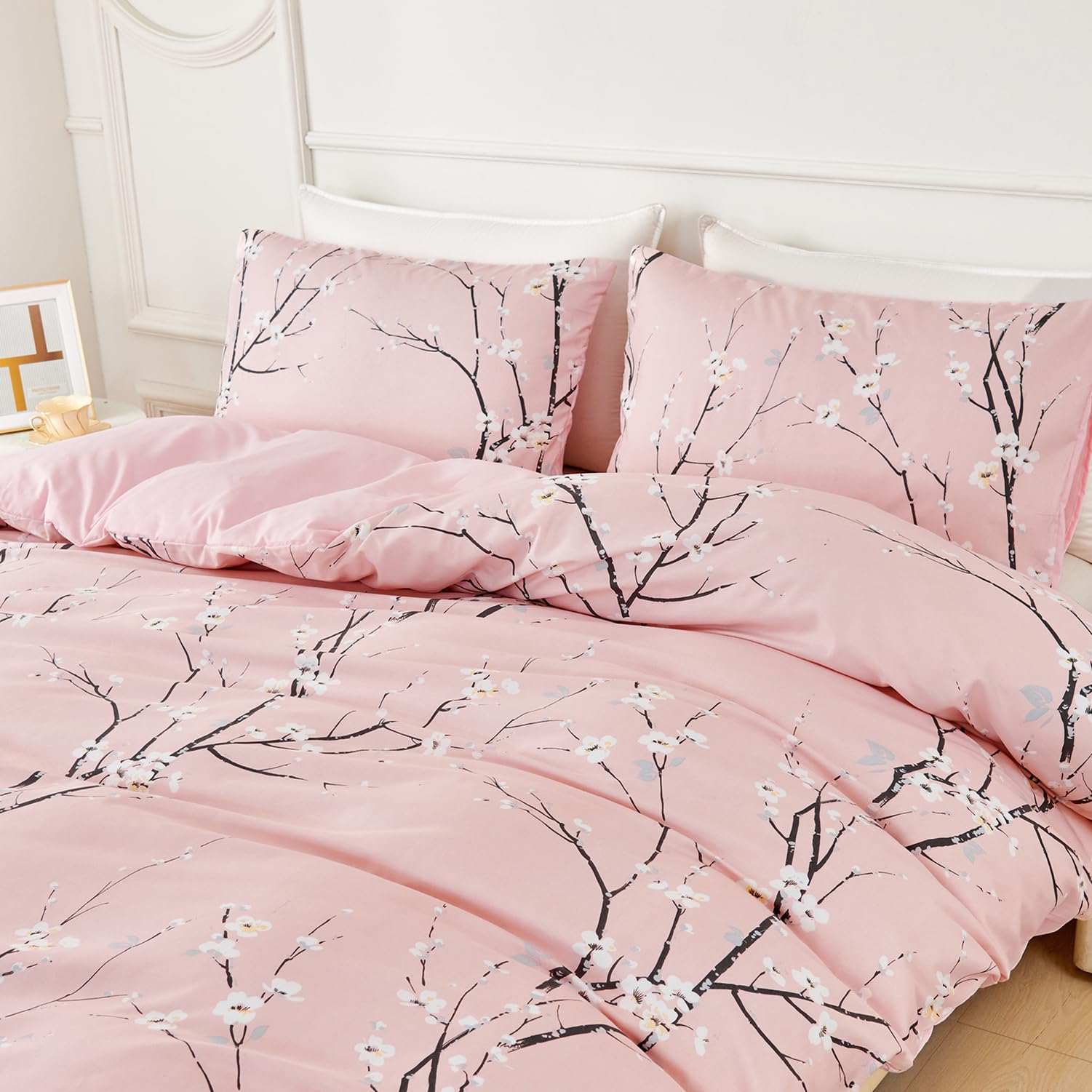 Juego de Funda Nordica Floral Cama 135/150 Patrón de Flores y Ramas Funda Edredon 220x240 cm y 2 x Fundas de Almohada de 50x75 cm Fundas Nórdicas Floral Suave 100% Microfibra, Rosa