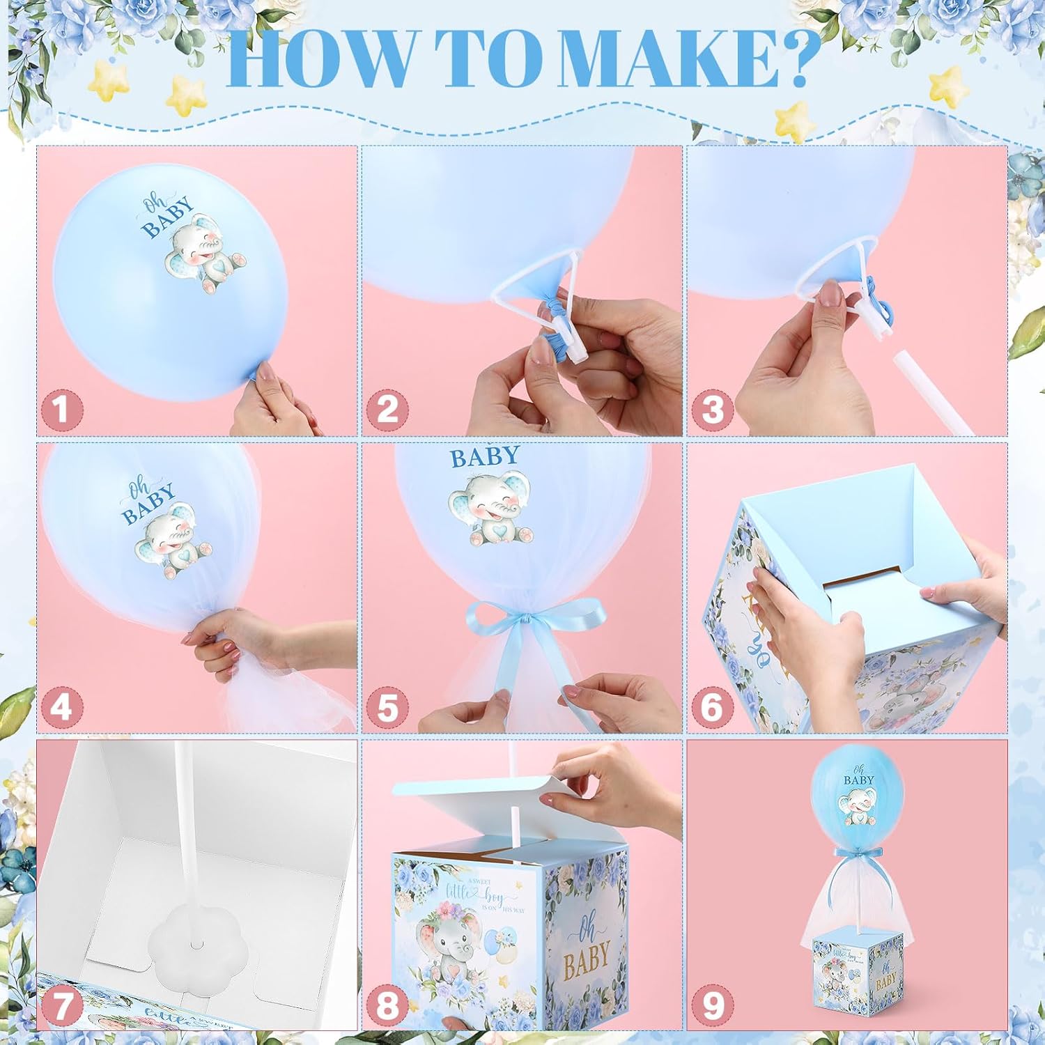 6 Set Elephant Tulle Tutu Balloon with Letter Boxes Baby Shower Table Centerpieces Decor for Gender Reveal Balloons Tulle Cover with Stand Elephant Themed Baby Shower Birthday Party(Blue)