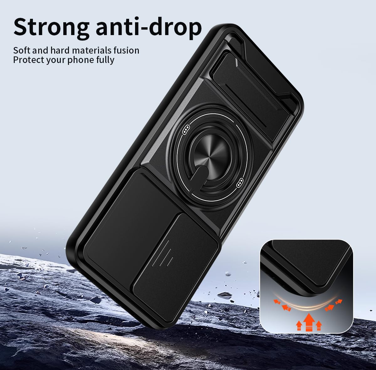 Custodia compatibile con vivo V70 FE [con 1 pellicola proteggi schermo] [custodia per fotocamera scorrevole 2 in 1, design con cavalletto magnetico] [custodia antiurto per telefono] nera