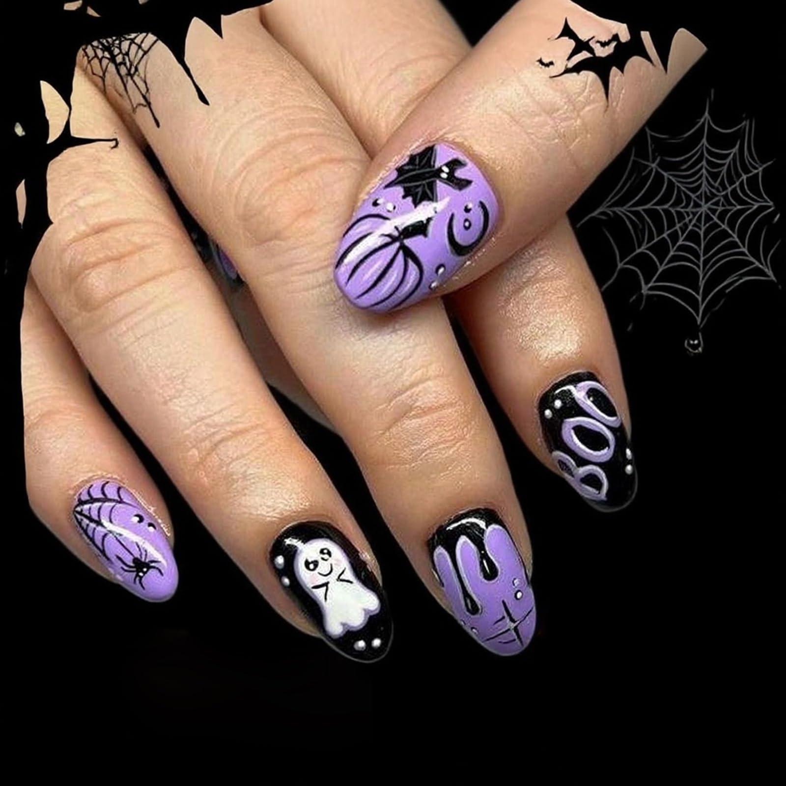 Halloween Press on Nails Short Oval Fake Nails Purple False Nails with Bat Ghost Pumpkin Design Spider Web Glue on Nails Acrylic Artificial Nail Full