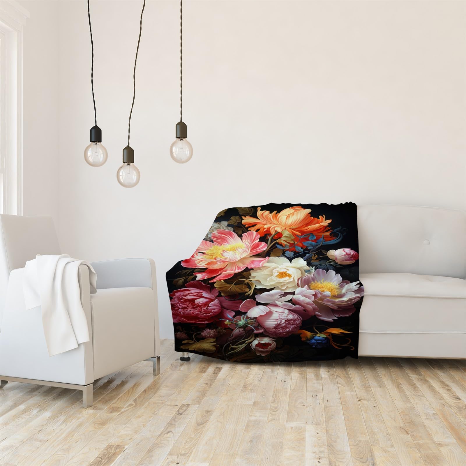 Generisch Puszysty koc do wtulania się w różowe, białe kwiaty, 200 x 200 cm, miękki i dwustronny czarny koc polarowy, idealny koc na sofę i łóżko, AL179