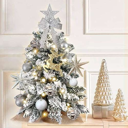Miniatura 8 de Árbol de Navidad pequeño con luz para mesa, mini árbol de Navidad de mesa con decoración, árbol de Navidad artificial flocado preiluminado de 2 pies