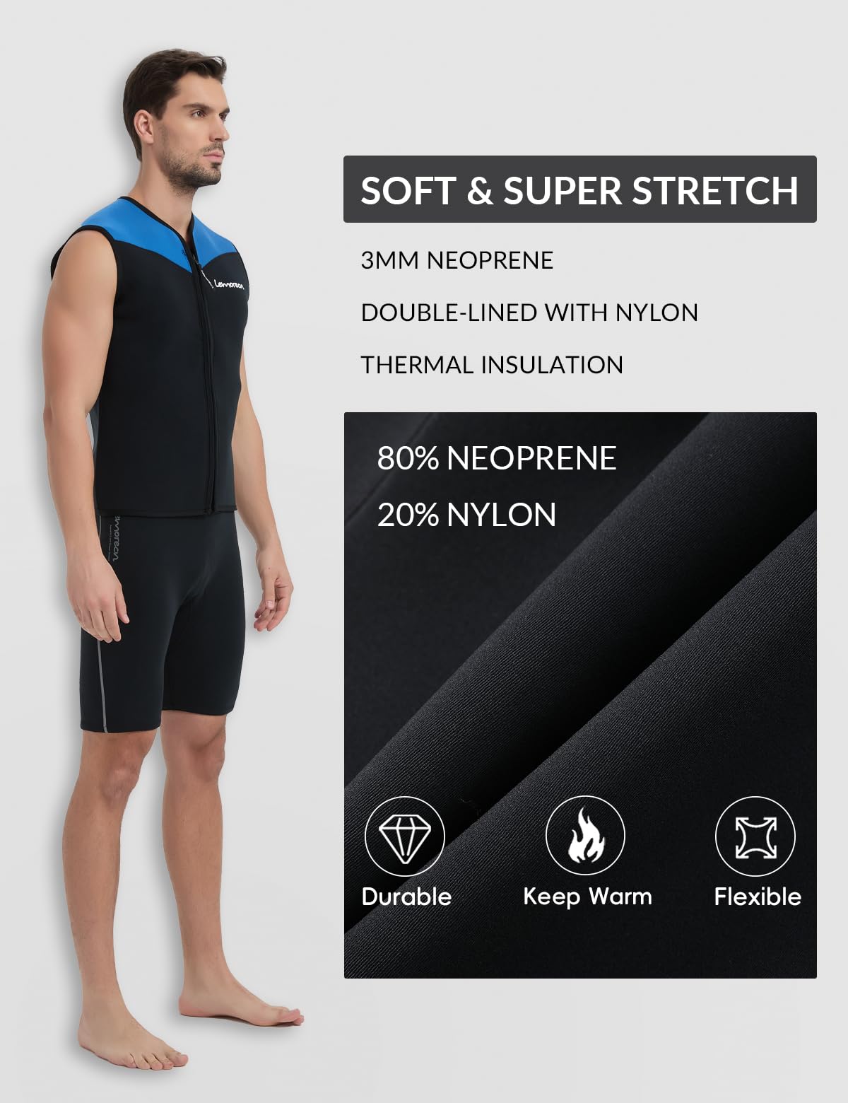Lemorecn Muta da uomo e donna, 3 mm, senza maniche, in neoprene, con cerniera frontale, per sport acquatici