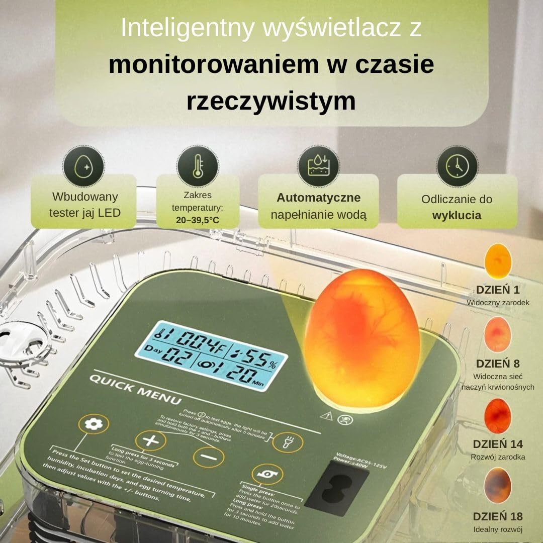 Egg&Co Start 12 – Automatyczny inkubator na 12 jaj kurzych (36 przepiórczych). Precyzyjna wilgotność, automatyczne obracanie, butelka i ovoskop w zestawie. Dla początkujących i zaawansowanych. | Osiągnij sukces od 1. inkubacji • W zestawie przewodnik Egg&