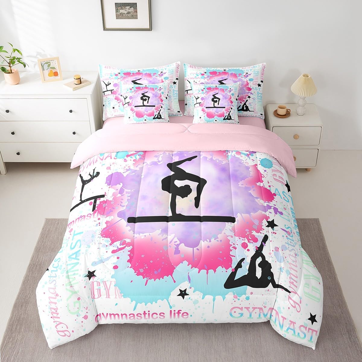 Manfei 7 Pieces Girls Gymnast Comforter Twin Size,Pink Purple Tie Dye Bedding Set for Women Bedroom,Gymnastics Life Comforter with Fitted,Flat Sheet,2 Pillowcases,2 Throw Pillow Covers