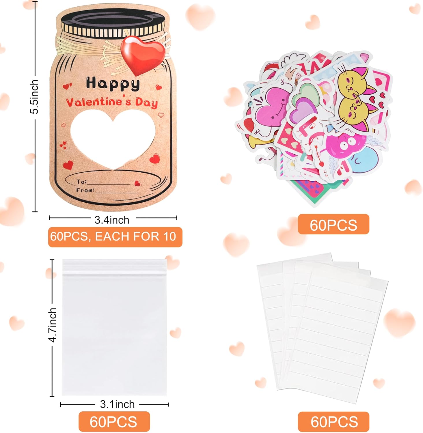 Valentines Cards for Kids 60 Pack with Stickers, Happy Valentines Day Cards for Kids School Classroom Exchange Party Favors - Valentines Day Gifts for Kids (Candy or Toys Not Included)