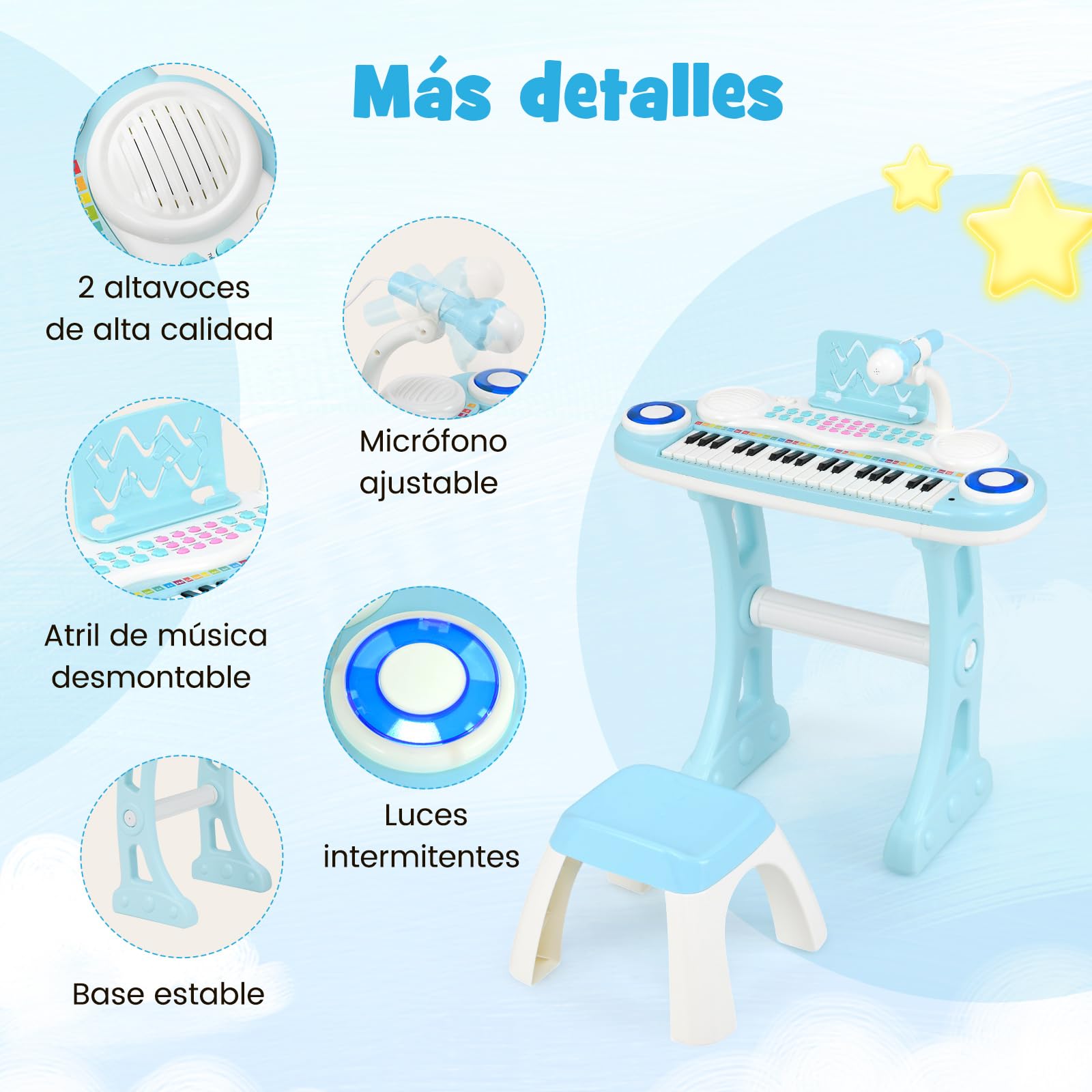 COSTWAY Piano Electrónico para Niños, Piano Infantil de 37 Teclas, Teclado de Piano con Patas Desmontables, Banquito, Micrófono Ajustable, 8 Ritmos y 8 Instrumentos (Azul)
