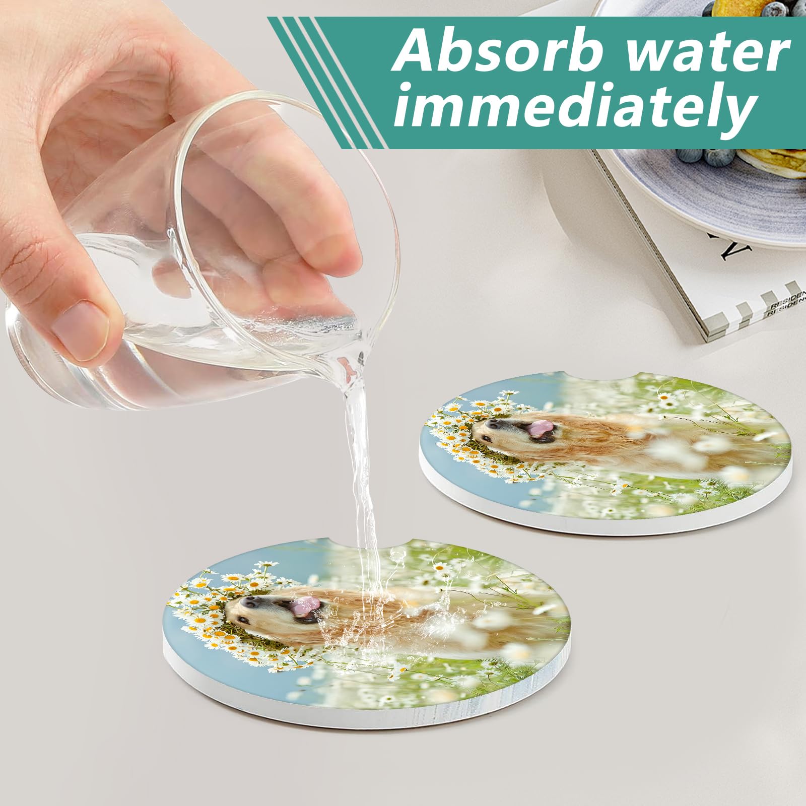 2 Pack Car Cup Holder Coasters - Dog Flower Absorbent Ceramic Coaster Car Coasters for Cup Holders Car — view 5