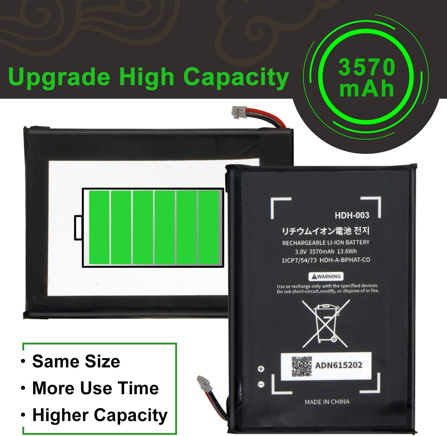 WUHAO Replacement HDH-003 Battery [2023 Upgraded] for Nintendo Switch Lite,Lite HDH-001 Original Replacement Battery with Adhesive Tape Tool Repair Kit