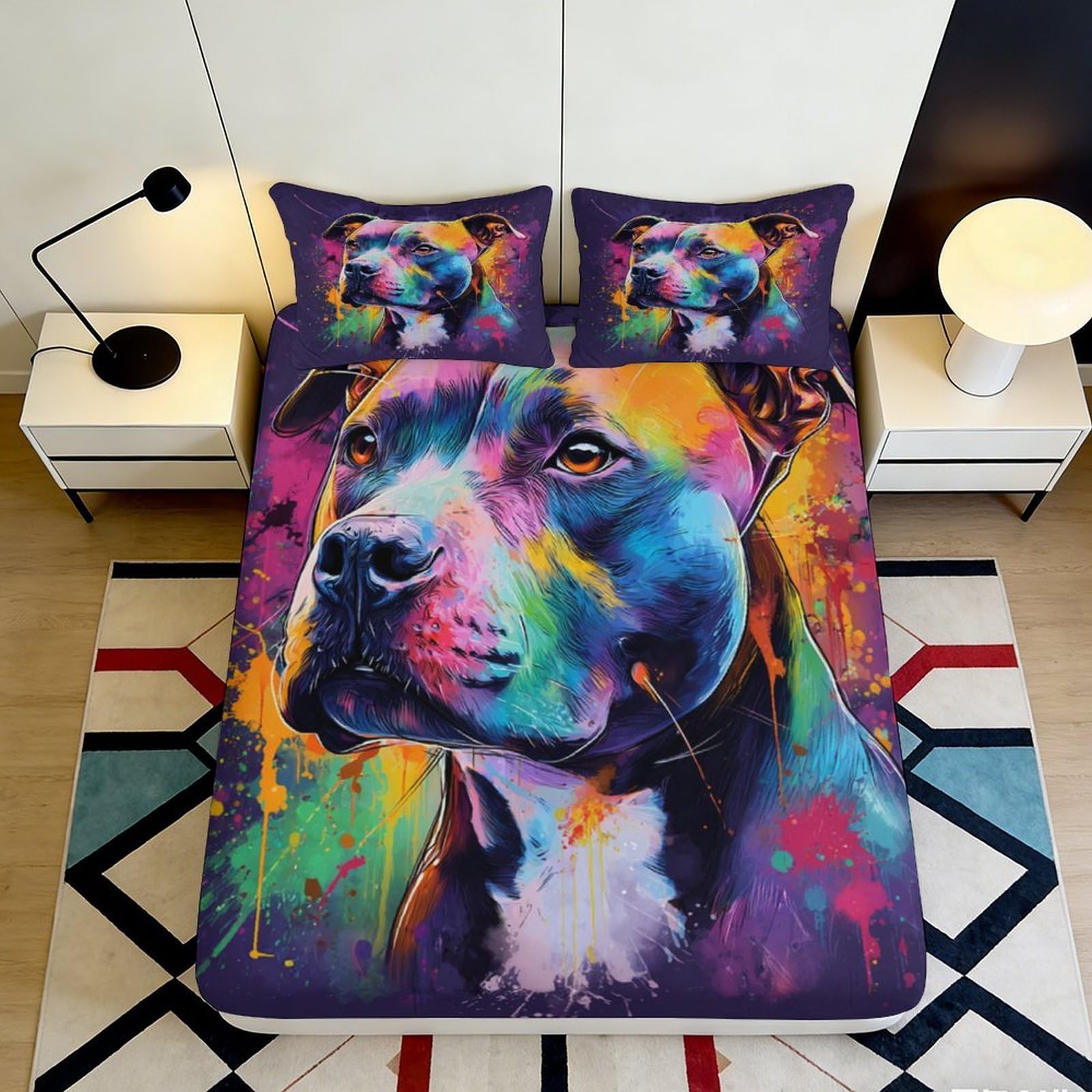 3D Printed Colorful Pitbull Fitted Sheet Microfiber Soft Breathable Graffiti Dog Bed Cover for Bedroom Dorm Decor 90x200x25cm